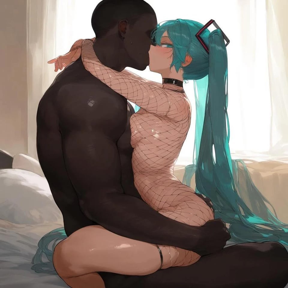 1boy, 1girl, 1girls, ai generated, aqua eyes, aqua hair, arms around neck, ass, ass grab, bald, bed, black choker, blue eyes, blue hair, blush, bodysuit, breast press, breasts, choker, dark skin, dark-skinned male, faceless, faceless male, female, fishnet bodysuit, fishnets, french kiss, from side, hair ornament, hatsune miku, hetero, hug, interracial, kiss, kissing, kissing while penetrated, light skin, light-skinned female, long hair, looking at viewer, making out, male, manly, medium breasts, nipples, nude, on bed, pillow, sex, side eye, sitting, skindentation, snowbunny, straddling, straight, sweat, twintails, upright straddle, very long hair, vocaloid