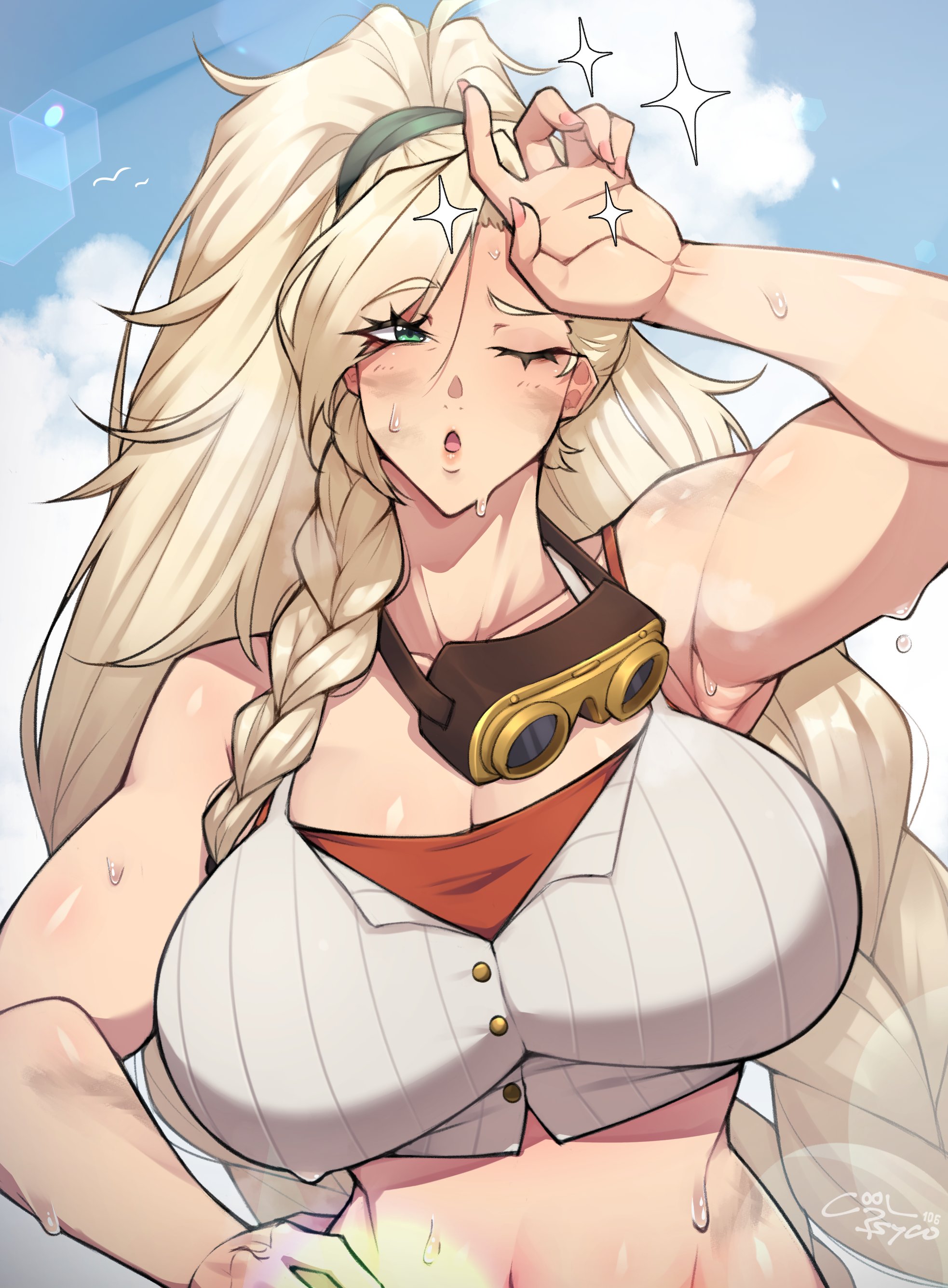 1girls, 2025, absurdres, armpits, artist name, asymmetrical hair, bare shoulders, big breasts, big hair, black background, blonde hair, blue eyes, blurry, blurry background, bra, braid, breasts, capcom, cleavage, collarbone, commentary, constricted pupils, coolpsyco, coolpsyco106, day, english commentary, exhausted, female, female focus, female only, gemma (monster hunter wilds), goggles, goggles around neck, grin, hair ornament, hair scrunchie, hairdressing, hand on own hip, head tilt, highres, jacket, lapels, large breasts, leather, leather belt, leather jacket, light blush, lips, long hair, long sleeves, looking at viewer, low twintails, low-braided long hair, low-tied long hair, messy hair, midriff, monster hunter (series), monster hunter wilds, navel, notched lapels, one eye closed, open clothes, open jacket, open mouth, orange bra, outdoors, pink nails, red lips, scrunchie, shiny skin, signature, simple background, smile, solo, sparkle, standing, sweat, twintails, underwear, unworn jacket, upper body, very long hair