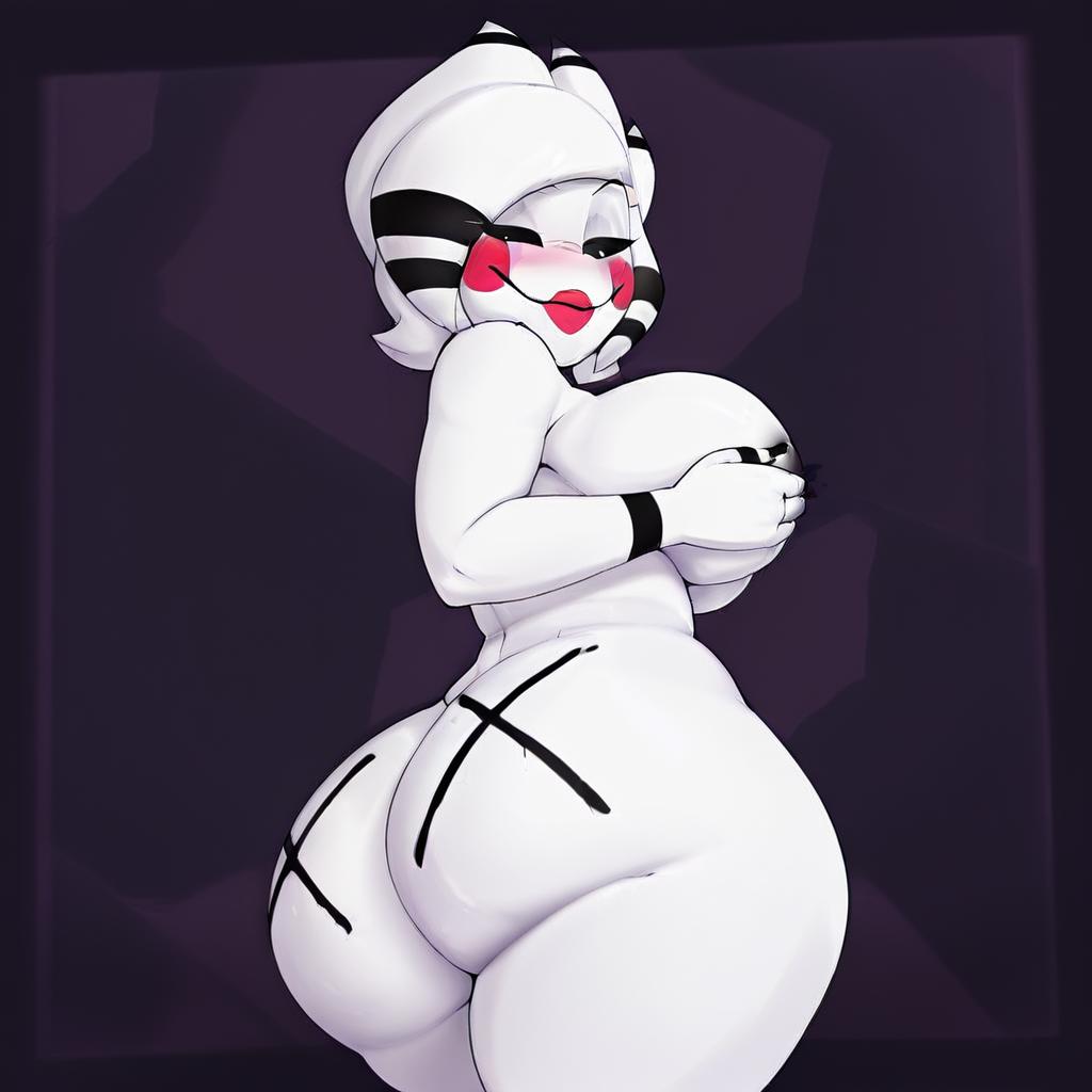 1girls, abstract background, ai generated, anthro, areola, areola slip, ass, ass close-up, ass closeup, ass focus, big ass, big breasts, big butt, black sclera, breasts, butt, butt close-up, butt focus, close up, close up ass, close-up, close-up ass, closed mouth, completely nude, completely nude female, covering breasts, covering nipples, cowboy shot, curvy, fazclaire's nightclub, female, female from behind, five nights at freddy's, fredina's nightclub, from behind, from behind female, half-closed eyes, hands up, huge ass, large breasts, lipstick, looking back, marie (cally3d), marie (cryptia), marionette (fnaf), nude, nude female, puppet (cally3d), puppet (fnaf), purple background, red cheeks, scottgames, simple background, smile, solo, style emulation, thick thighs, three-quarter portrait, three-quarter view, tifokoh57, walking, white body, white hair, white skin, wide hips