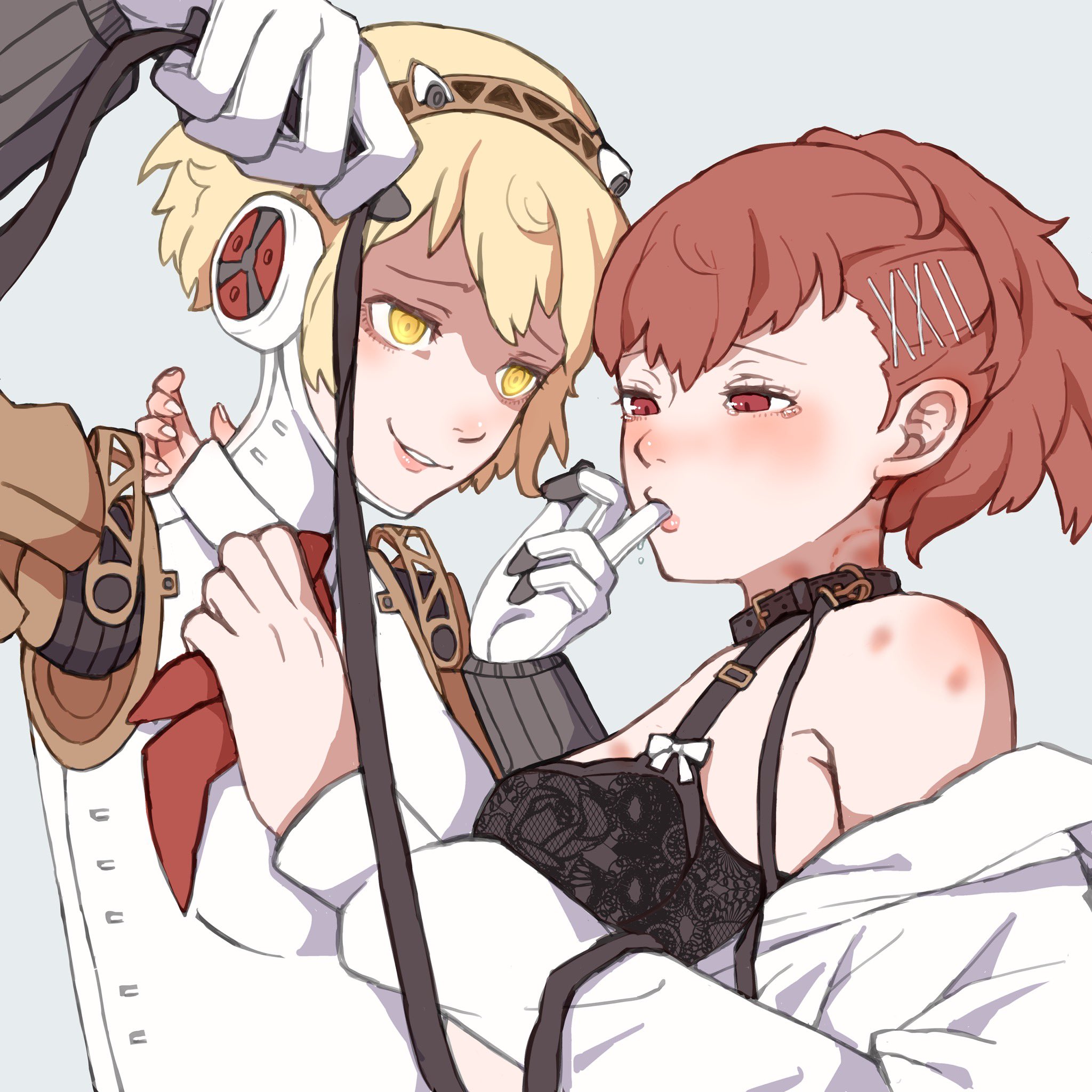 2024, 2d, 2girls, aigis (persona), android, android girl, atlus, bite mark, blonde hair, breasts, brown hair, bruise, female, female only, femdom, femsub, finger in mouth, gunpoint, hi res, kotone shiomi, leash, leash and collar, lezdom, lingerie, multiple girls, persona, persona 3, persona 3 portable, pfgwpmpw, red eyes, robot, robot girl, robot humanoid, sega, shadow (persona), shadow aigis, shadow self (persona), short hair, tagme, tears, yellow eyes, yuri