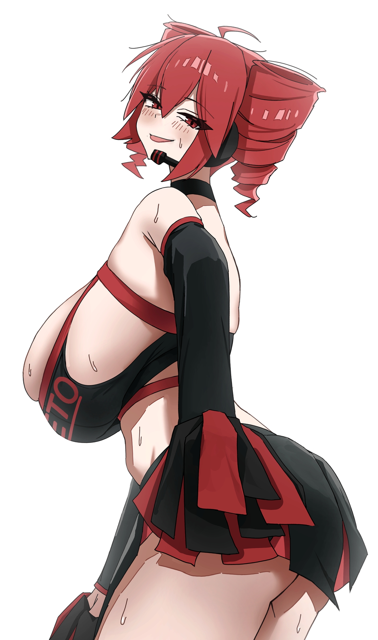 1girls, 2d, 2d (artwork), bare shoulders, big breasts, breasts, cheerleader, cheerleader uniform, curvy, curvy female, detached sleeves, dotthebot, female, female only, gigantic breasts, headgear, headphones, huge breasts, kasane teto, large breasts, massive breasts, overflowing breasts, red eyes, red hair, sideboob, skindentation, skirt, solo, solo female, sweat, sweating, thick thighs, thighs, twin drills, twintails, upskirt, utau, voluptuous, white background