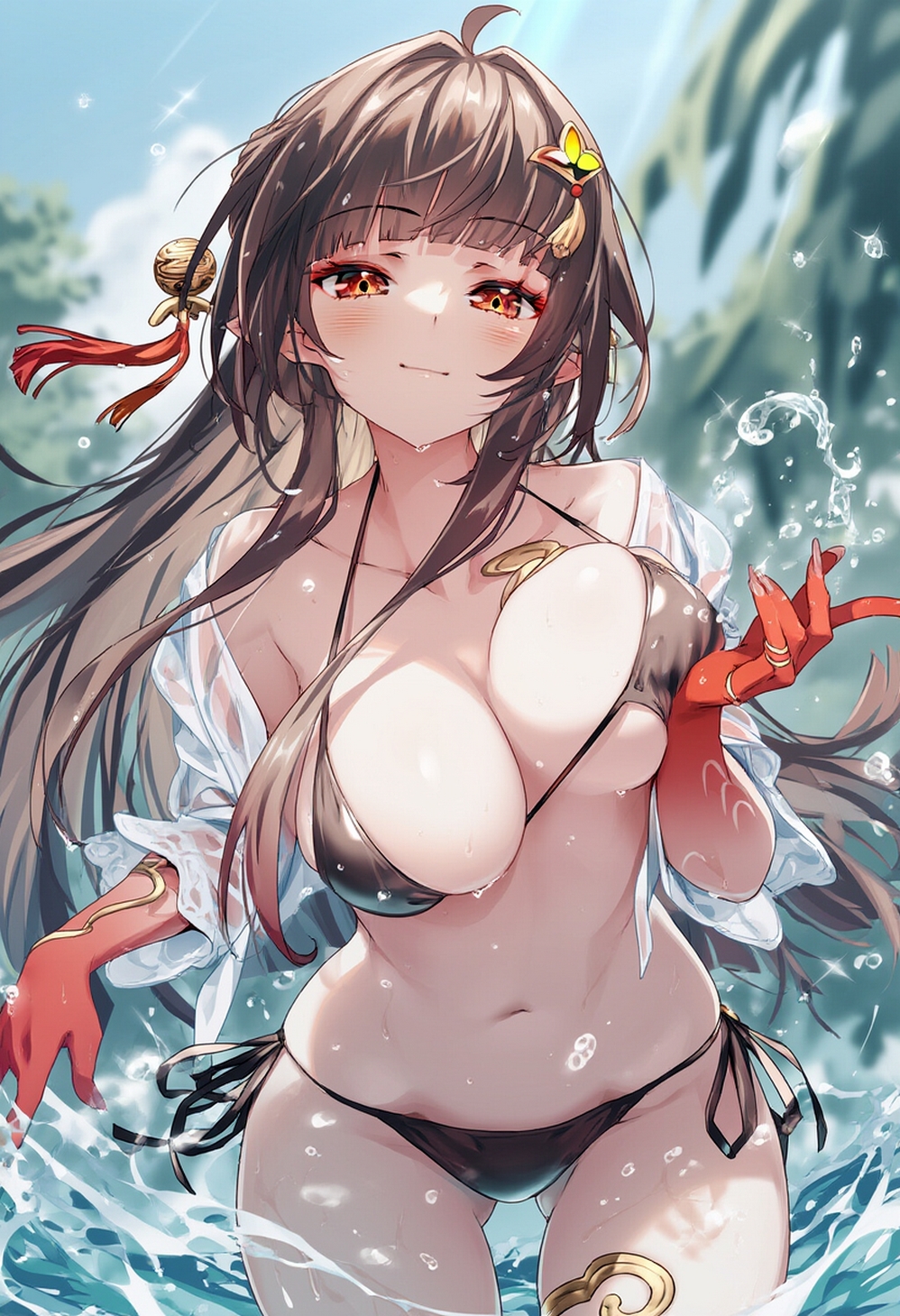 ai generated, big breasts, bikini, black bikini, black hair, breasts, curvy figure, female, female only, honkai: star rail, lingsha (honkai: star rail), nature background, raaicave, water splash