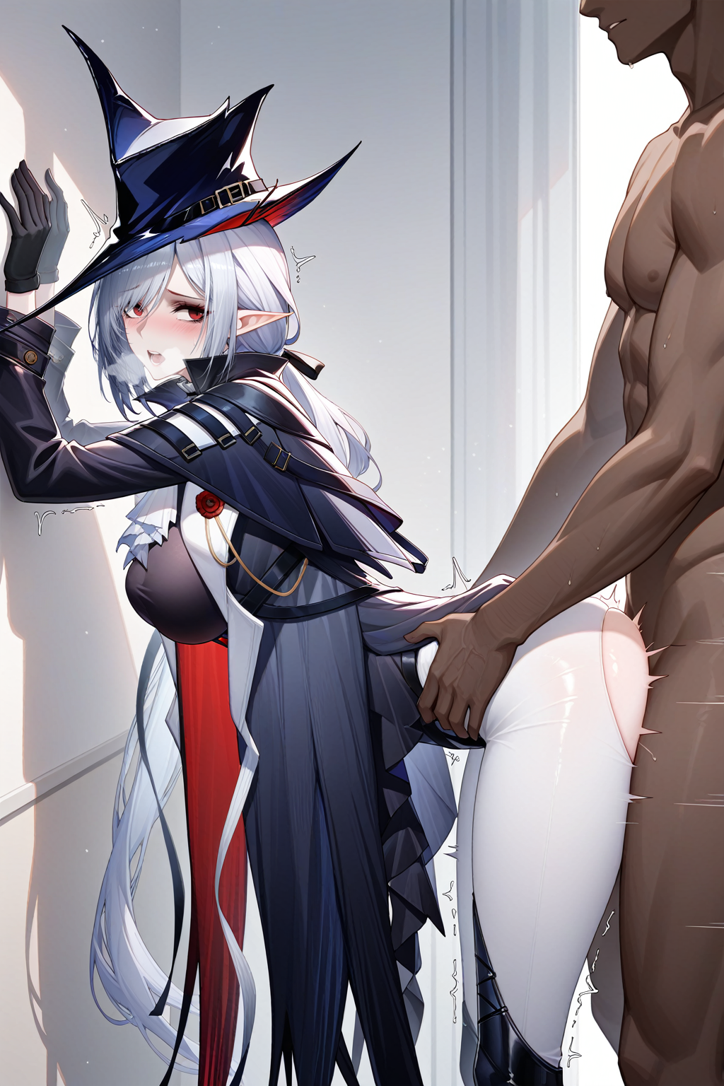 1girls ai_generated arknights ascot black_gloves black_jacket blush cross_section dark-skinned_male degenbrecher female gladiia_(arknights) hair_over_one_eye large_breasts long_hair male open_mouth pointy_ears red_eyes sex sex_from_behind torso_grab white_pants