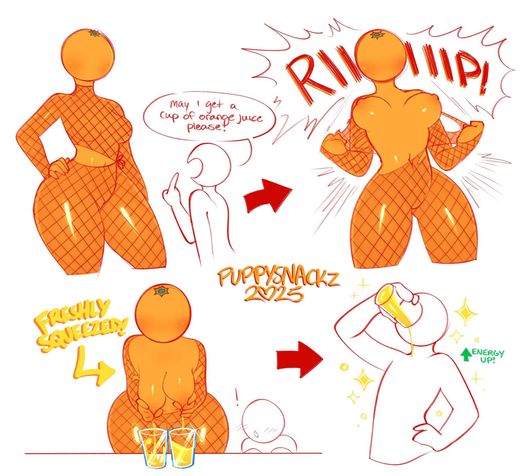 1girls, 2025, 4koma, artist name, blush, breasts, comic, dialogue, drinking, english text, faceless female, female, fishnet clothing, fishnets, fruit, fruit humanoid, lactating in glass, lactating juice, lactation, medium breasts, nipples, no face, orange (fruit), orange juice, orange skin, puppysnackz, ripped clothing, ripping clothing, speech bubble, thick thighs, unusual lactation, watermark, white background