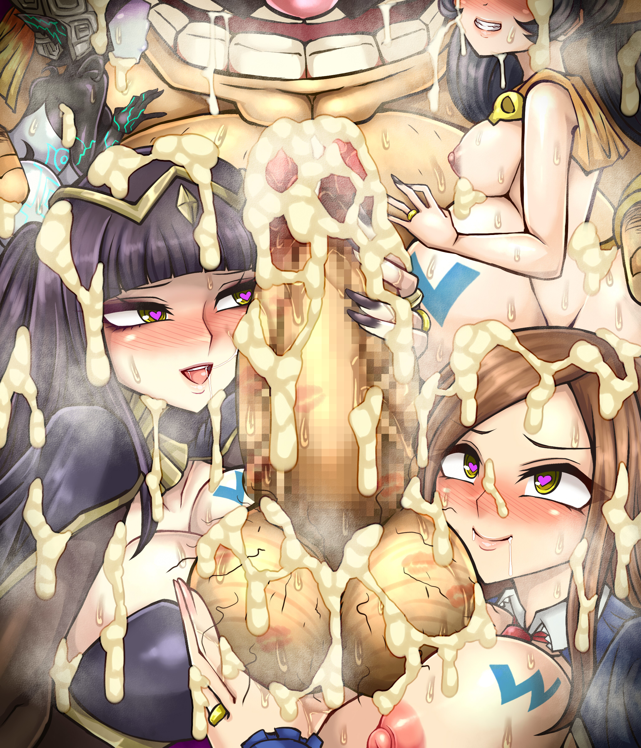 ashley (warioware), background characters, balls, beruzumi-m, big balls, big breasts, black hair, branding mark, breasts, brown hair, castlevania, castlevania: portrait of ruin, charlotte aulin, crossover, cum, cum on body, female, fire emblem, fire emblem awakening, heart-shaped pupils, hypnosis, imp midna, kiss mark, large penis, male, mario (series), medium breasts, midna, multiple females, multiple girls, orange hair, penis, pregnant, tattoo, tharja (fire emblem), the legend of zelda, twilight princess, wario, wario (series), warioware