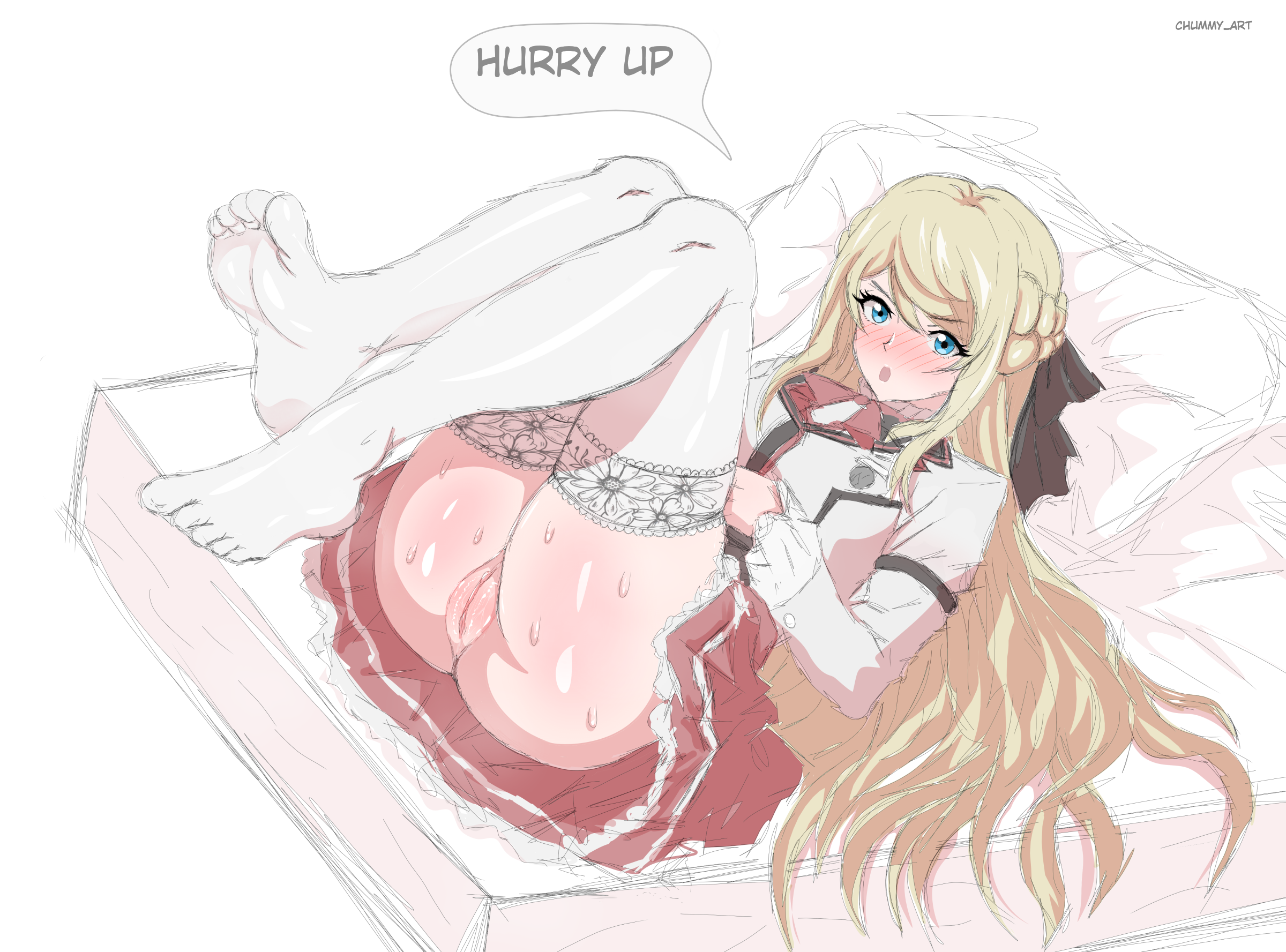 ariel anemoi asura, bed, bedroom, chummy art, demanding, demanding sex, feet, female, mushoku tensei, no panties, presenting, presenting pussy, princess, pussy, pussy juice, school uniform, skirt, stockings, thighhighs