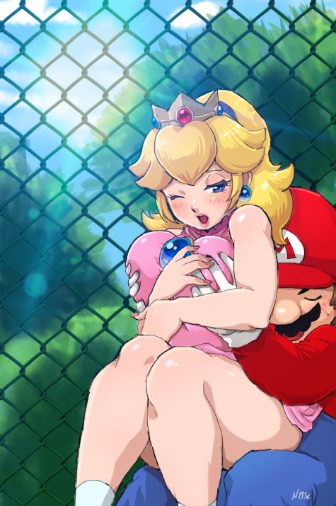 1boy, 1girls, ass, big breasts, blonde female, blonde hair, blue eyes, blush, bottomless, breast grab, breasts, brown hair, closed eyes, clothed, crown, earrings, eyelashes, female, fingernails, groping, half-closed eyes, hat, human, knees together, lipstick, long hair, looking back, male, male/female, mario, mario (series), mario bros, mario tennis, moustache, nintendo, nm qi, open mouth, outdoors, ponytail, princess peach, royalty, shirt, short hair, sitting, socks, straight, super mario bros., sweat, text, thighs
