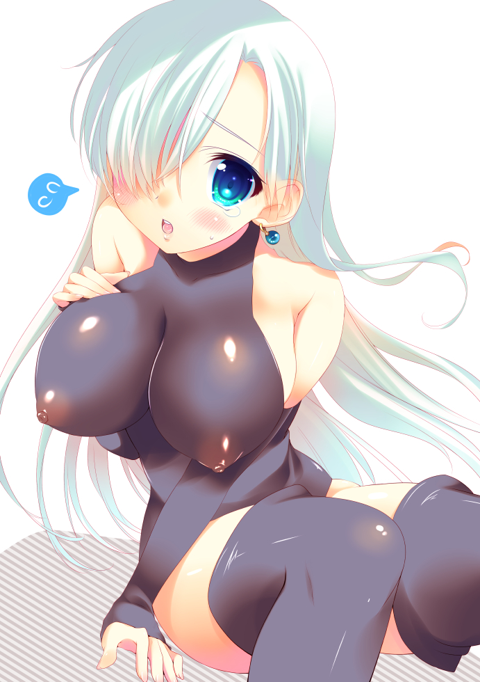 amanagi_seiji bare_shoulders black_legwear blue_eyes blush breasts covered_nipples detached_sleeves earrings elizabeth_liones female hair_over_one_eye impossible_clothes jewelry large_breasts leotard long_hair nanatsu_no_taizai open_mouth sitting solo spoken_sweat tears thighhighs white_hair