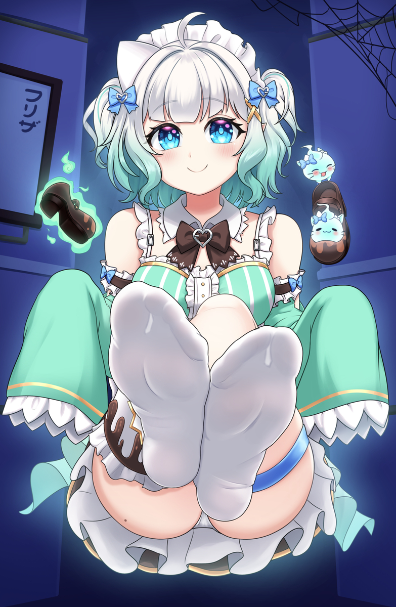 1girls, blue eyes, densetsu.exe, feet, female, foot fetish, foot focus, footwear, freezer (frzr/efreezerarts), ghost, ghost girl, green hair, green nails, green toenails, indie virtual youtuber, light skin, light-skinned female, looking at viewer, maid mint, mint fantome, smile, socks, virtual youtuber, vtuber, white hair