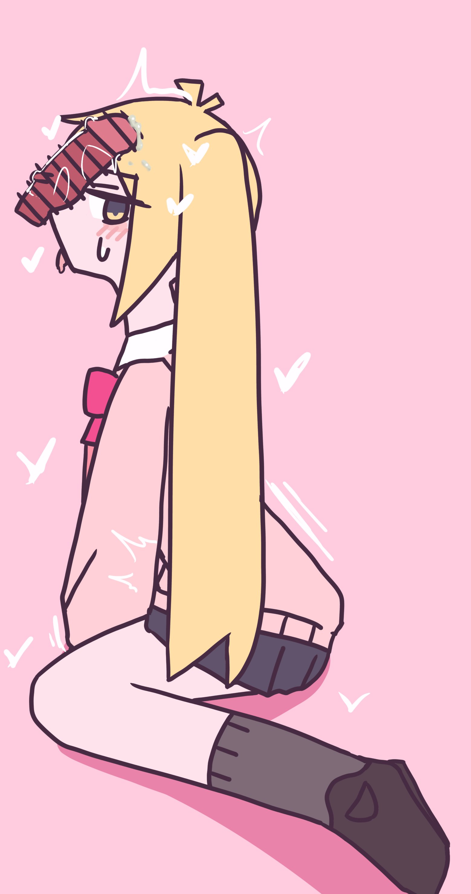 1girls, accurate art style, akita neru, blonde hair, blush, cum, cum drip, female, female focus, heart, kneeling, light skin, looking at viewer, male, official style, penis, penis on face, school uniform, side view, tongue, tongue out, vocaloid, voifoooork, zaako (vocaloid)