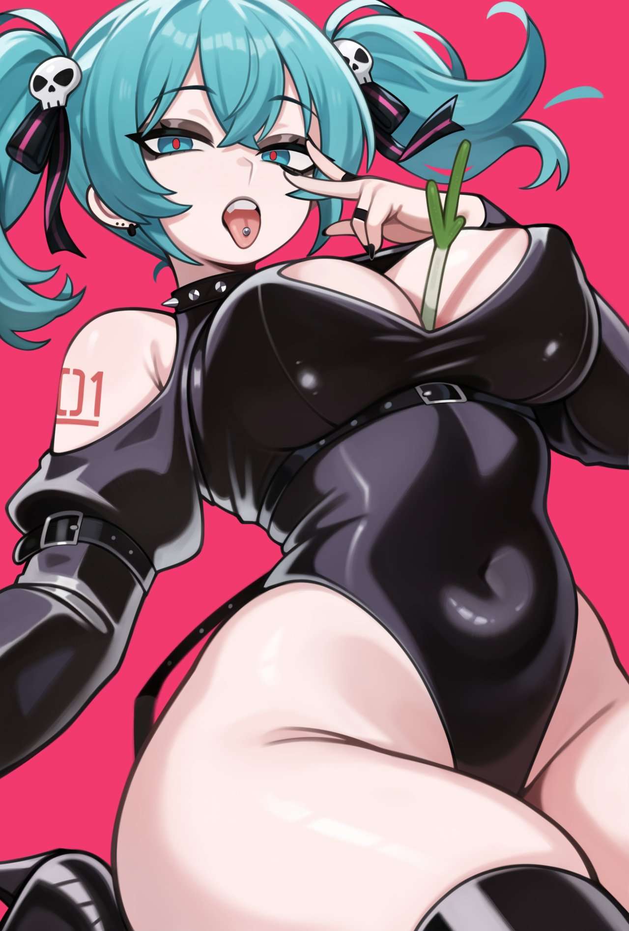 1girl, aqua eyes, aqua hair, between breasts, blue eyes, blue hair, boots, breasts, cleavage, clothing cutout, collar, ear piercing, eyeshadow, female, goth, hair ornament, hair ribbon, hatsune miku, jewelry, large breasts, latex, leotard, looking at viewer, melonpuff, open mouth, piercing, pink background, red background, ribbon, simple background, skull hair ornament, solo, spring onion, tattoo, thick thighs, thigh boots, thighhighs, thighs, tongue, tongue out, tongue piercing, twintails, vocaloid