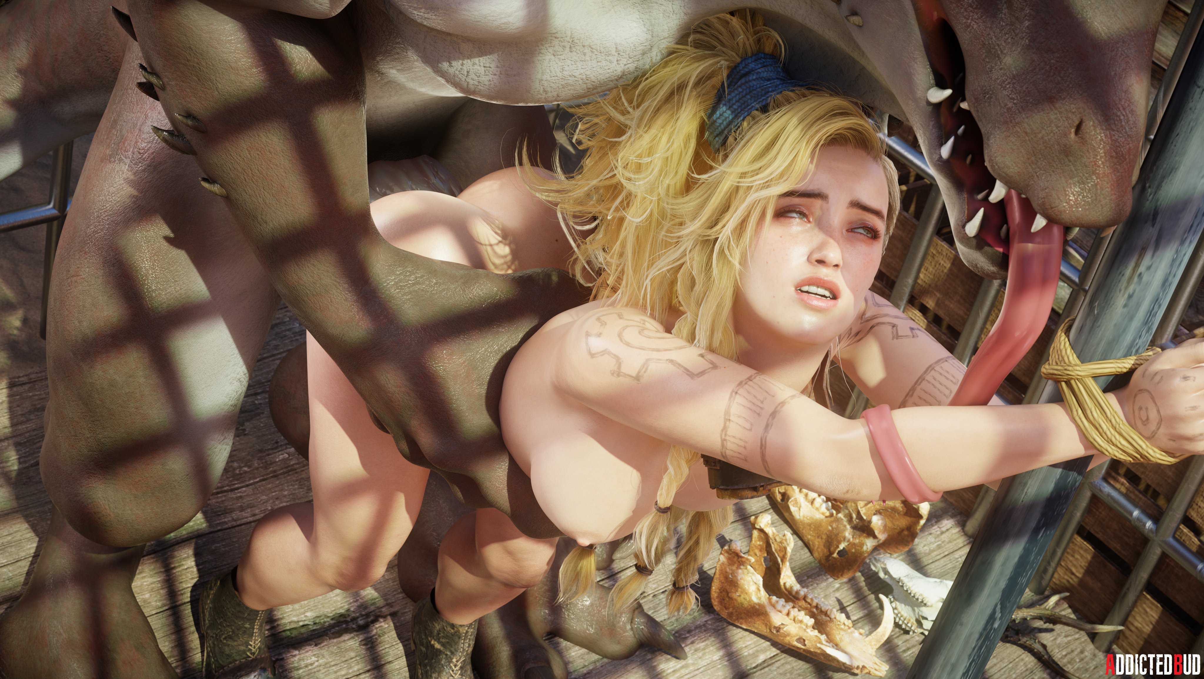 1girls, 3d, addictedbud, blonde hair, blue eyes, breasts, completely nude, female, gemma (monster hunter wilds), interspecies, large breasts, long hair, male, monster, monster cock, monster hunter, monster hunter wilds, monster on female, nude, pale skin, penis, ponytail, rape, restrained, tagme, very long hair, zoophilia