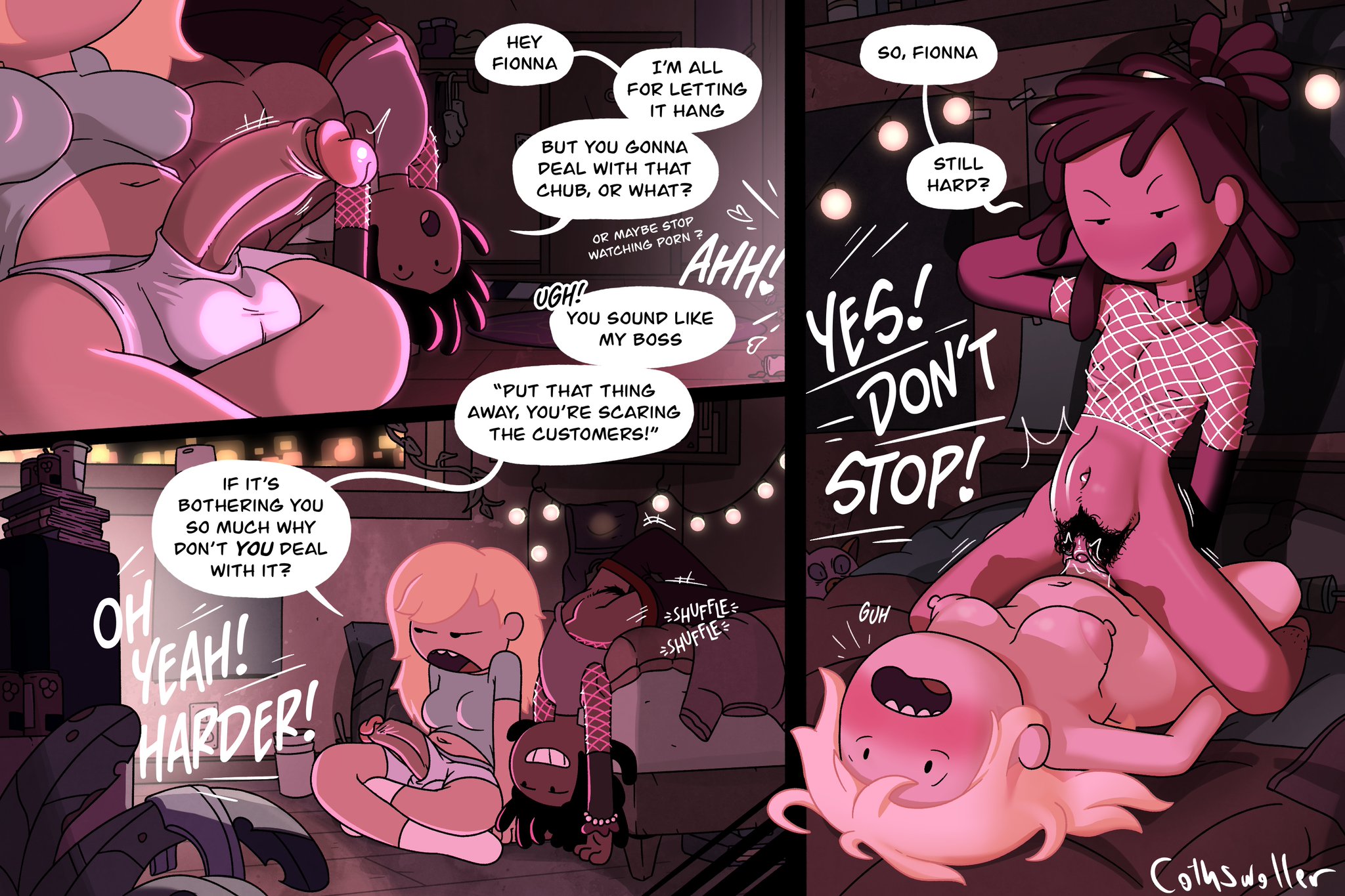 1cuntboy, 1dickgirl, adventure time, bedroom, better version at source, blonde hair, bottomless, breasts, casual, casual exposure, clothed, clothing, comic, comic panel, cothswoller, cowgirl position, cuntboy, dark hair, dark skin, dark-skinned femboy, dark-skinned male, dialogue, dickgirl, dickgirl on cuntboy, english text, erection, exposed penis, female, femboy, fionna and cake, fionna campbell, fionna the human girl, fishnet shirt, fishnets, foreskin, futa on cuntboy, futanari, grin, hairy pussy, happy sex, human, intersex, male, marshall lee, marshall lee (black), on back, pale skin, panels, partially clothed, penis, penis through fly, ponytail, power bottom, pubes, pubic hair, pussy, riding, sex, simple eyes, smooth penis, stomach bulge, t4t, text, tied hair, trans man, trans woman, transfem, transmasc, twitching penis, twitter sample, uncircumcised, uncut, vaginal penetration, watching porn