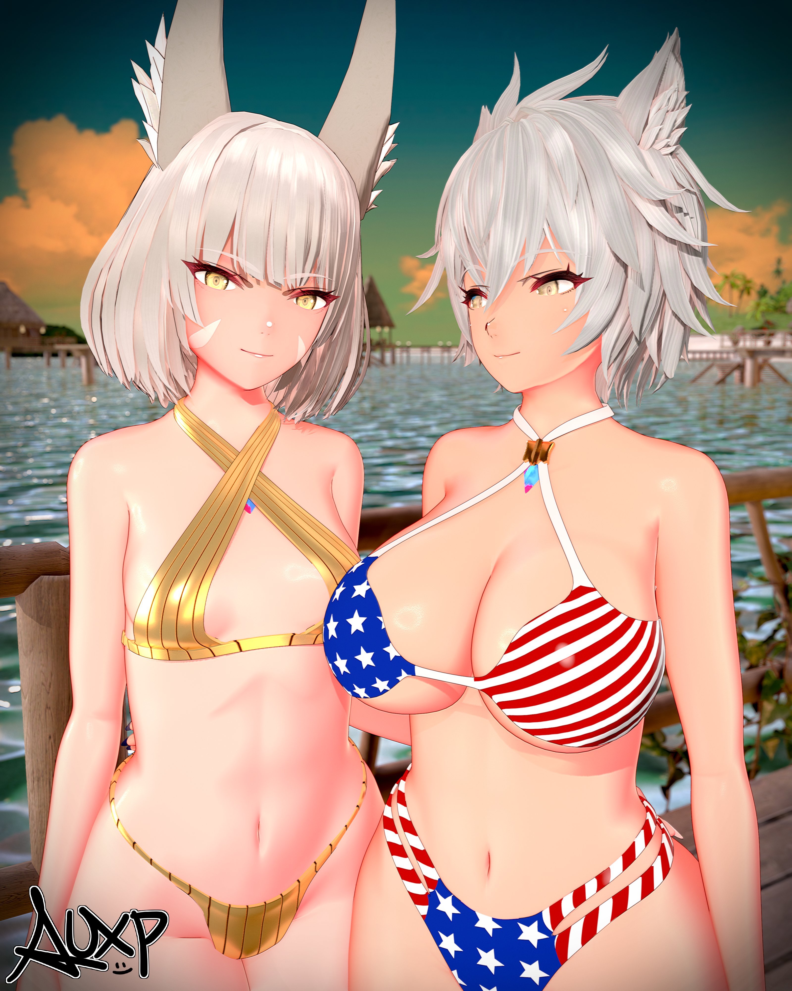 3d, 4th of july, american flag bikini, ancestor and descendant, auxp, breast envy, core crystal, huge ass, huge breasts, meme, mother daughter boob envy (meme), na'el (xenoblade), nia (xenoblade), tagme, thick thighs, thin waist, xenoblade (series), xenoblade chronicles 2, xenoblade chronicles 3