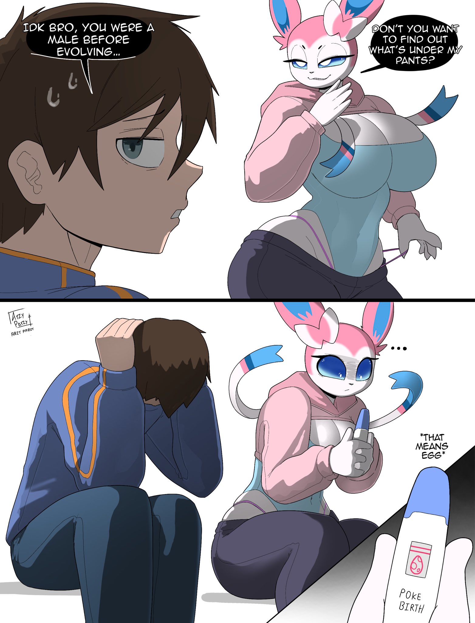 1boy, 1girl, 1girls, 2026, 2d, 2d artwork, accidental pregnancy, anthro, anthro female, anthro focus, artist logo, artist name, arzyparzy, big boobs, big breasts, blue eyes, boobs, breasts, clothes, clothing, confused, cute, dialogue, digital drawing (artwork), digital media (artwork), eeveelution, egg, embarrassed, embarrassed male, female, female focus, female pokemon, game freak, generation 6 pokemon, half-closed eyes, hand on head, hand on object, hand on panties, hi res, highres, hoodie, hot, human, human male, looking at partner, looking pleasured, male, male focus, male/female, nintendo, pokemon, pokemon (species), pregnancy, pregnancy test, pregnant, pregnant female, sexy, shocked, shocked expression, speech bubble, sports uniform, sweat, sweatdrop, sweating, sylveon, text, text bubble, transgender, transgender woman, watermark, white background, white eyes, white skin, wholesome