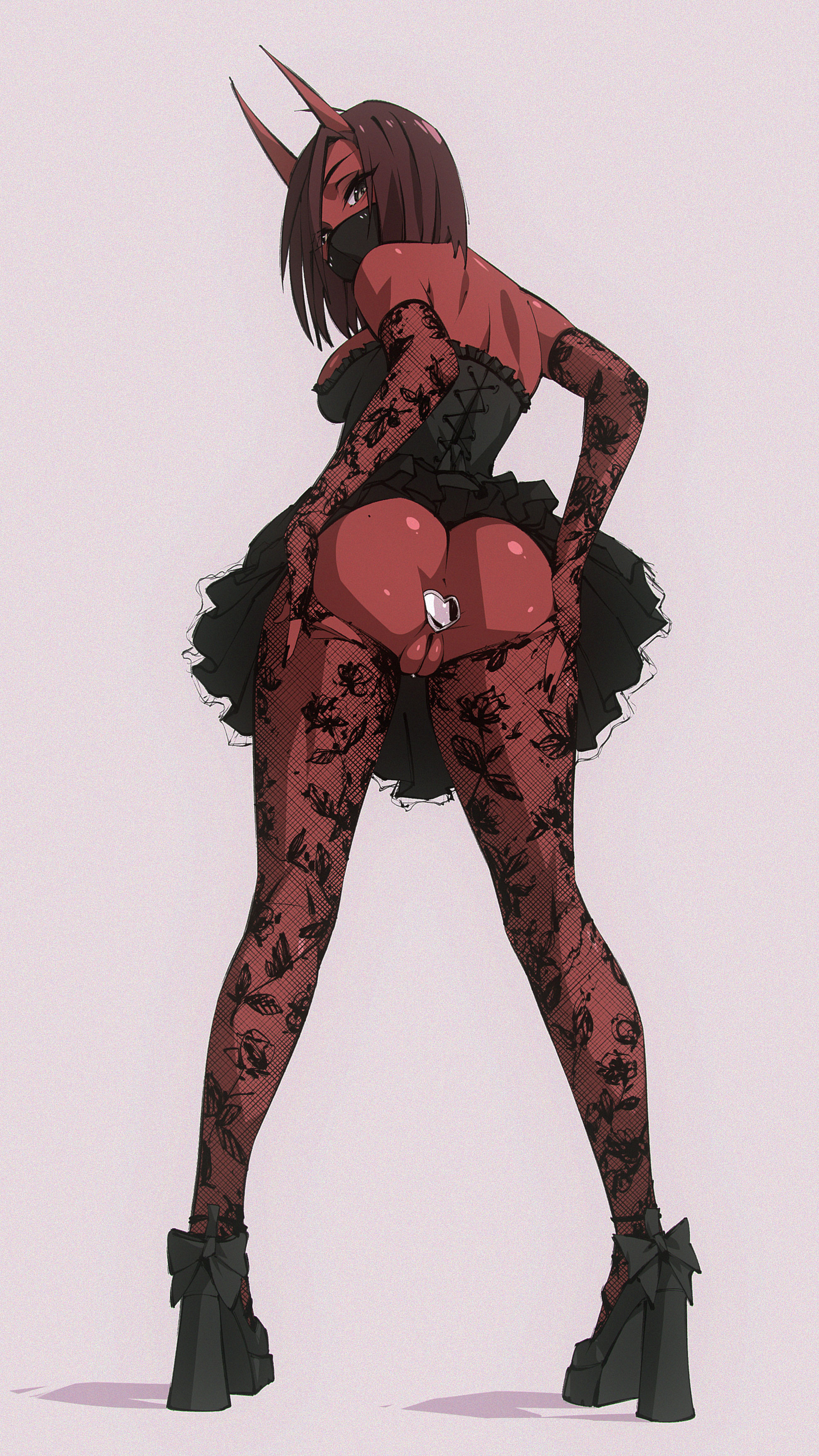 ass, buttplug, flou, flou (character), goth clothing, goth girl, goth makeup, large breasts, oni, oni female, oni horns, original, original character, pussy, red skin, tagme