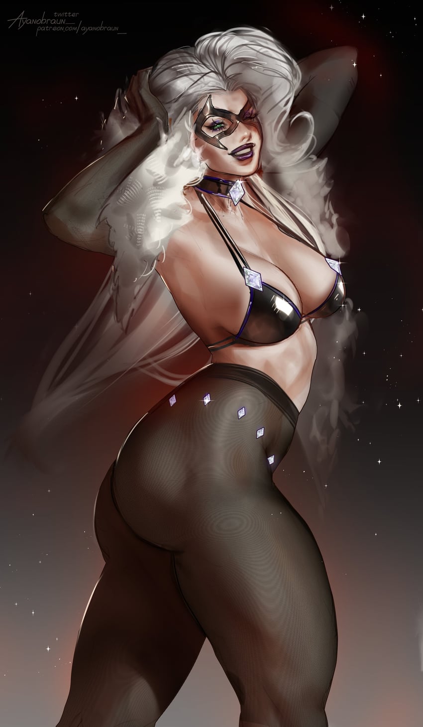 1girls, 2026, 2d, ass, ayanobraun, big ass, big breasts, black cat (marvel rivals), black cat (marvel), black choker, black clothing, black lipstick, black mask, black pantyhose, breasts, choker, cleavage, clothed, clothing, curvaceous, curvy, curvy female, curvy figure, domino mask, felicia hardy, hand on head, hips, jewel, jewelry, large breasts, light skin, light-skinned female, lingerie, lips, lipstick, long hair, looking at viewer, marvel, marvel comics, marvel rivals, mask, masked, masked female, pantyhose, revealing clothes, smile, solo, spider-man (series), thick thighs, thighs, white hair, wide hips