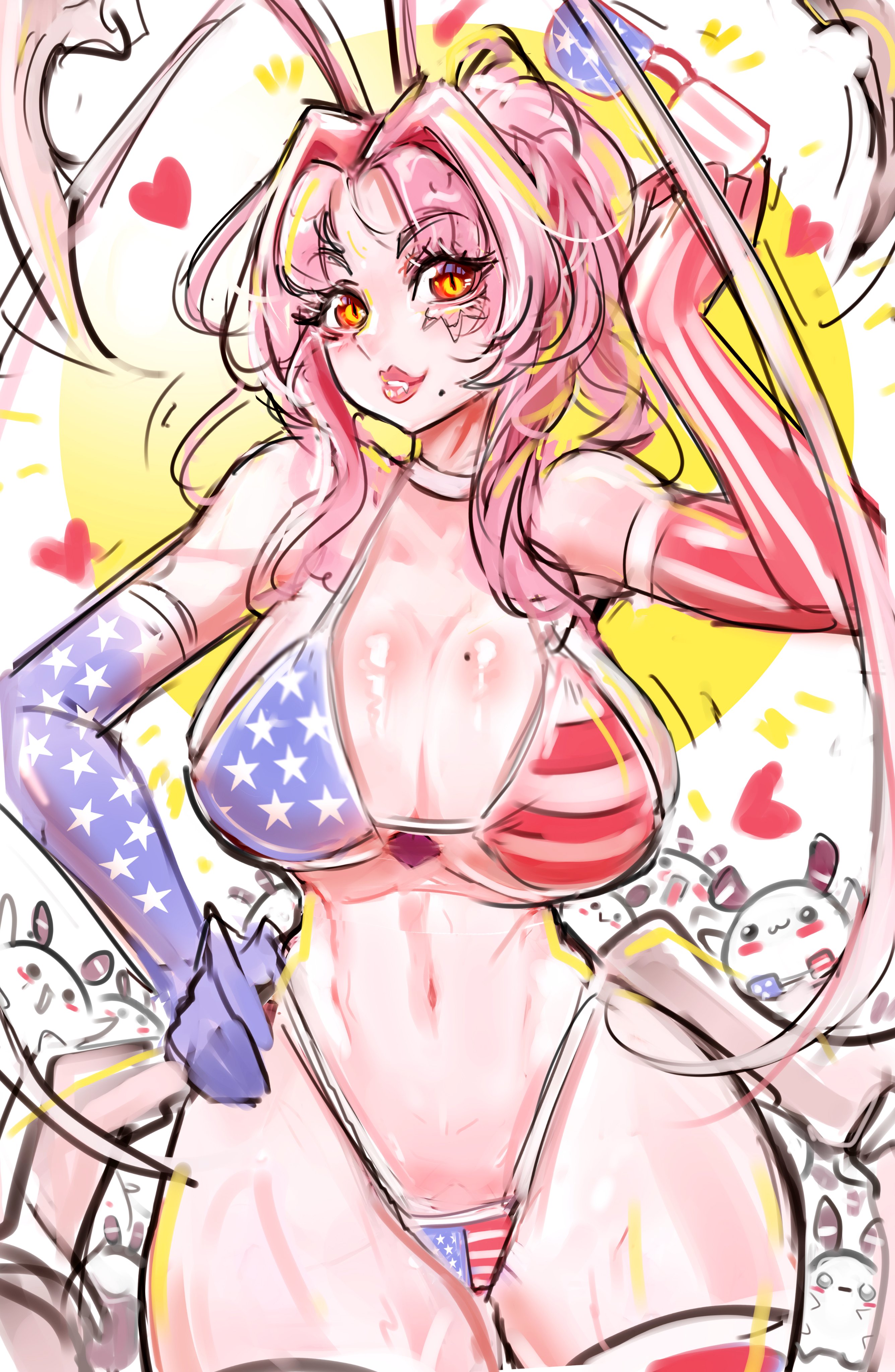 1girl, 1girls, absurdres, american flag, american flag bikini, american flag print, antennae, arthropod girl, arthropod limbs, big breasts, bikini, breasts, breedable hips, busty, cleavage, cockroach girl, curvy, elbow gloves, exodamartworks, facial mark, female, flag print, flag print bikini, gloves, highleg, highleg bikini, highres, hips, huge breasts, indie virtual youtuber, lips, looking at viewer, massive breasts, matara kan, mature, mature female, milf, mole, mole on breast, mole under eye, mommy, monster girl, pink hair, print bikini, red eyes, short hair, solo, swimsuit, thick, thick thighs, thighhighs, thighs, tits, virtual youtuber, vtuber, wide hips