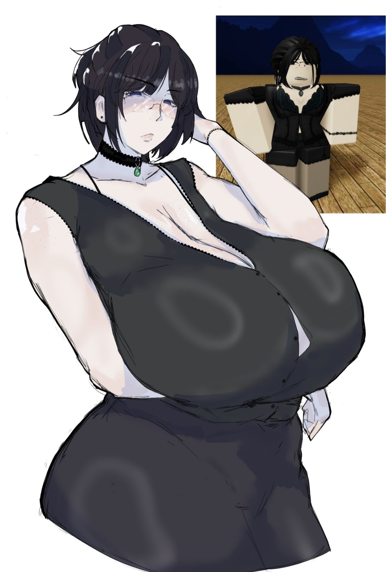 1girls, arm under breasts, big breasts, breasts, cleavage, clothing, collar, dark hair, dress, ear piercing, glasses, hand in hair, reference image, roblox, roblox avatar, robloxian, sharkgirlslover, stretched clothing, tagme, thick thighs