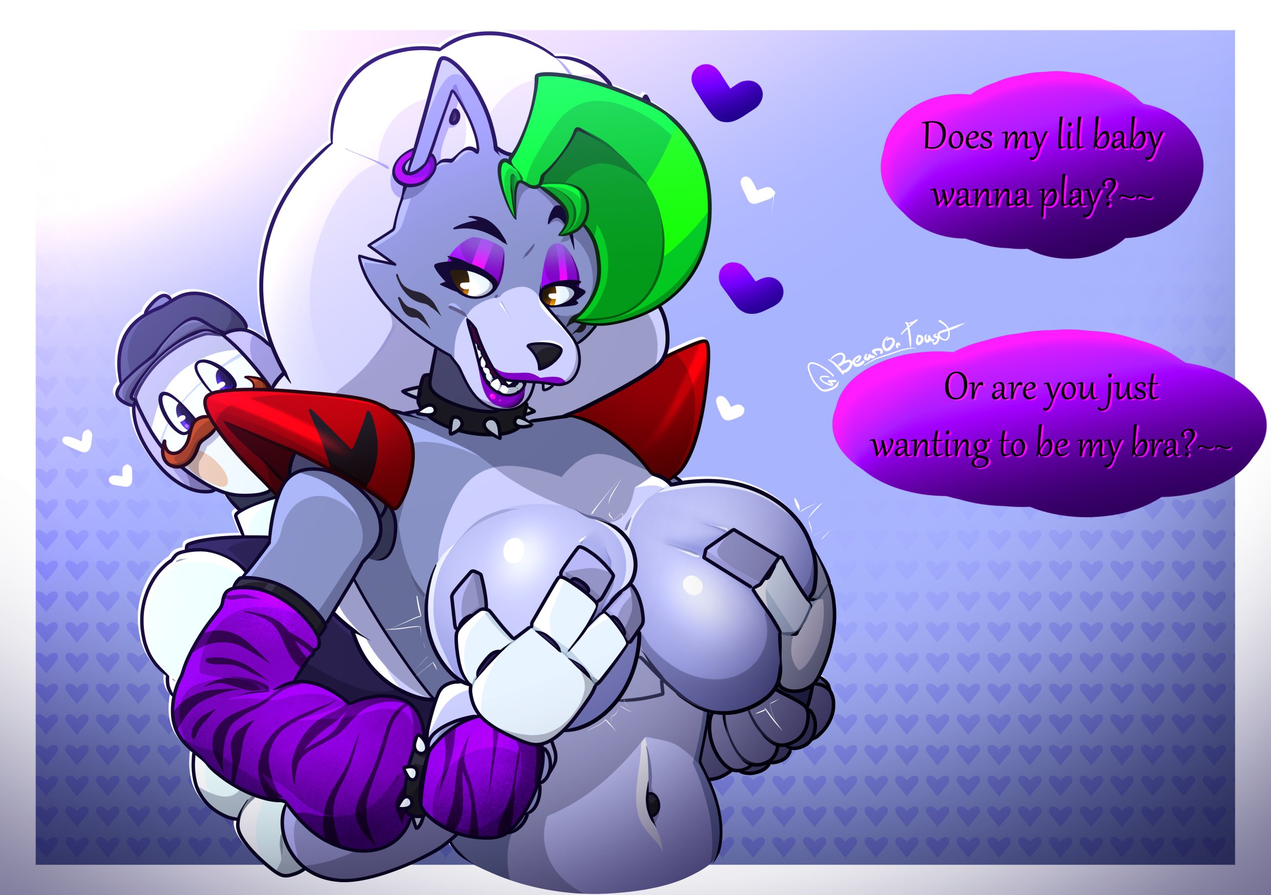 1girls, 2025, 2d, 2d (artwork), 2d artwork, animatronic, animatronic female, animatronic male, anthro, anthro female, artist logo, artist name, beanontoast, big breasts, canid, canine, canis, dialogue, female, five nights at freddy's, five nights at freddy's: security breach, furry, furry female, grabbing another's breast, grabbing from behind, green hair, grey body, grey fur, grey hair, groping breasts, handbra, male, original character, robot, robot female, robot girl, roxanne wolf (fnaf), staff bot (security breach), straight, wolf, wolf girl