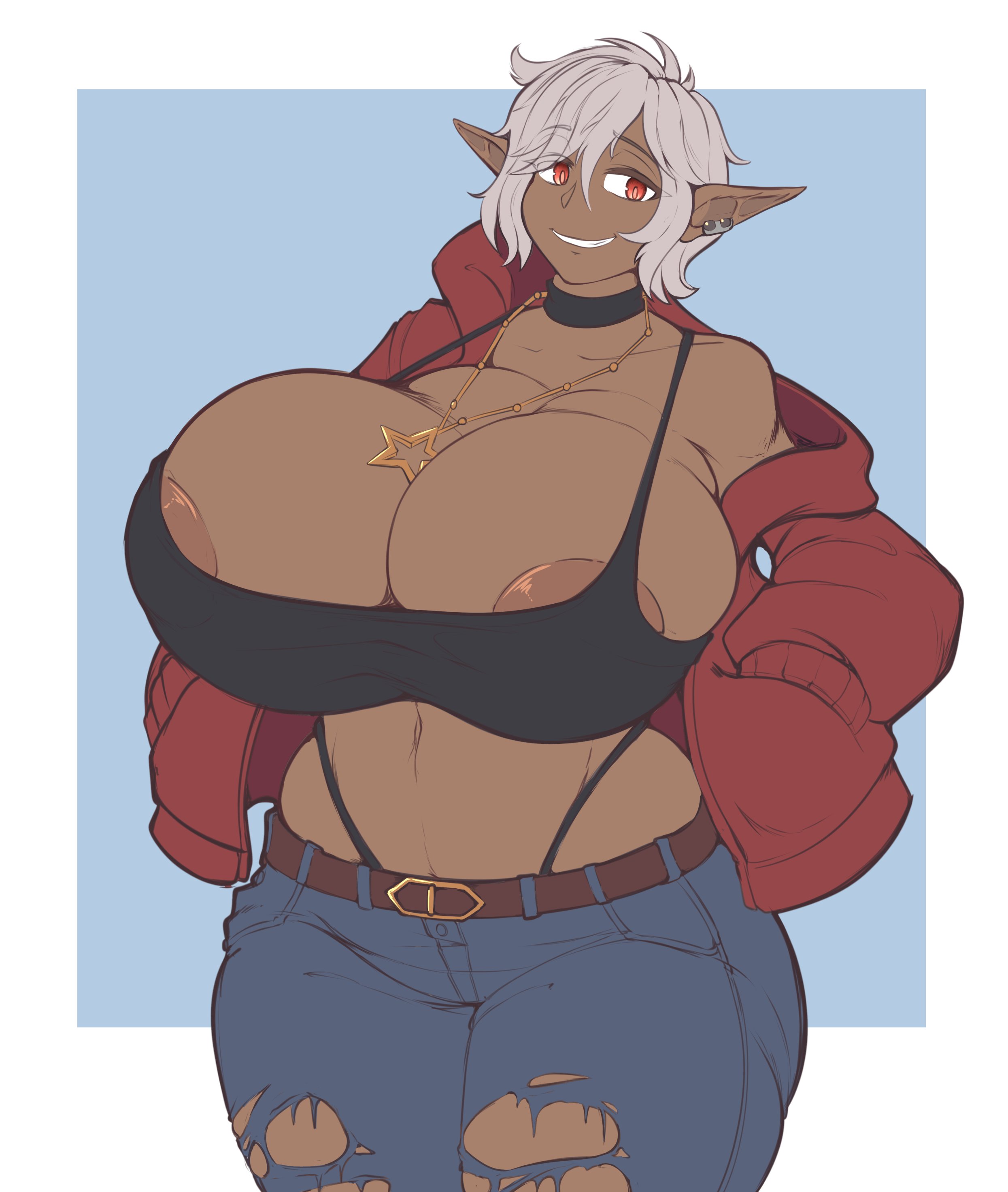 1girls, areola slip, areolae, breasts, breasts bigger than head, choker, cleavage, colette belrose, dark skin, dark-skinned female, elezen, elf, elf ears, female, final fantasy xiv, hoodie, hourglass figure, huge breasts, jeans, kittenboogers, necklace, pointy ears, red eyes, smile, smiling, tank top, thin waist, whale tail (clothing), white hair, wide hips