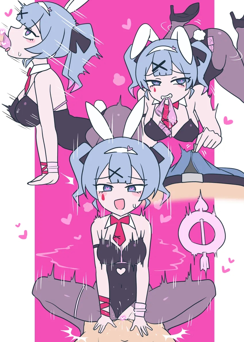 artist request, blowjob, bunny ears, bunny girl, bunnysuit, collage, condom, cowgirl position, from behind position, hatsune miku, multiple positions, prone bone, rabbit hole (vocaloid), riding, vaginal penetration, vocaloid