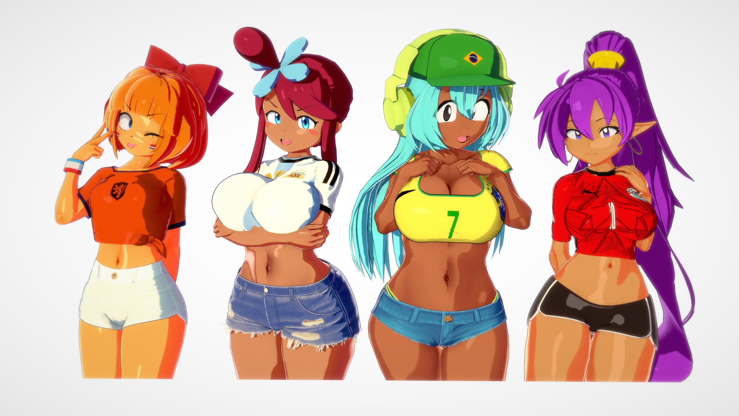 3d, 4girls, big boobs, big breasts, boobs, breasts, brown body, cleavage, crossover, dark skin, dark-skinned female, dolly dimpley, eastern and western character, female, hat, headphones, huge boobs, huge breasts, jean shorts, koikatsu, large boobs, large breasts, mymy schoppenboer, navel, ongezellig, papaoso, pokemon, purple hair, shantae, shantae (character), skyla (pokemon), smiling friends, tagme