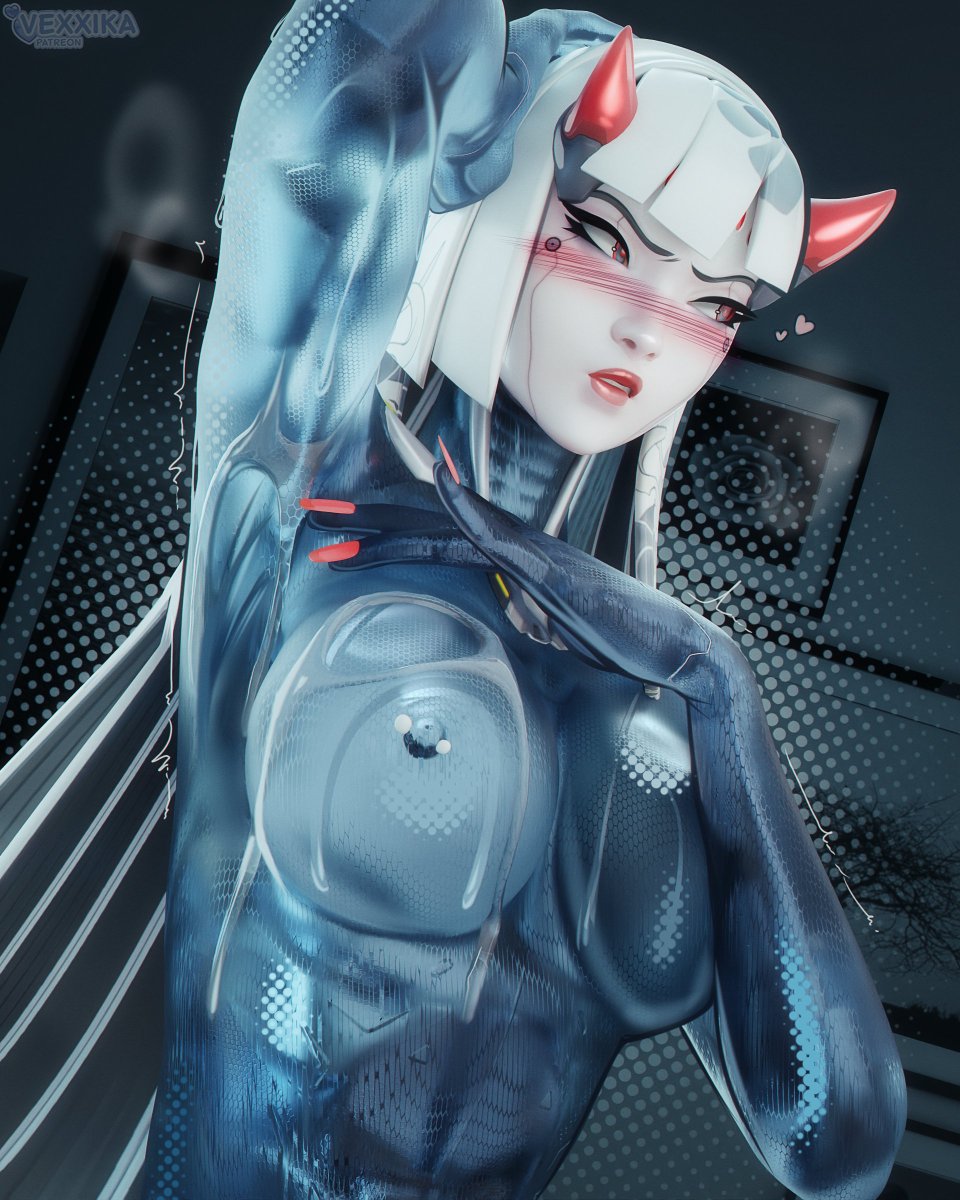 1girls, 3d, 3d (artwork), 3d model, 3d render, android, android girl, armpit fetish, armpits, big breasts, blush, blush lines, blushing, blushing female, breasts, cum, cum on armpit, cum on breasts, dzooworks, erect nipples, female, female only, heart, heart symbol, horns, huge breasts, looking away, nervous, nipples, omnic, overwatch, overwatch 2, robot, robot girl, robot humanoid, round breasts, shaking, shion (overwatch), shy, shy female, solo, solo female, trembling, vexx1ka, white hair