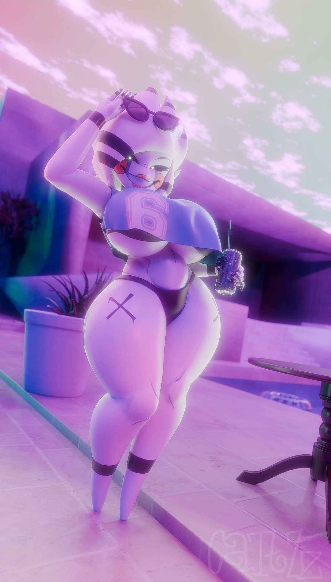 1girl, 1girls, 3d, 3d (artwork), breasts, cattzz, cosplay, cryptiacurves, fazclaire's nightclub, female, female only, five nights at freddy's, grand theft auto, grand theft auto vi, gta vi cover girl, marie (cally3d), marionette (fnaf), puppet (fnaf), smiling at viewer, smug, solo, solo female, tagme, thick thighs, thighs, white body, white hair, white pupils, white skin