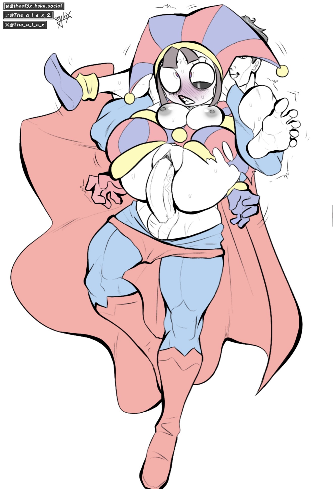 alien, alien boy, big balls, big penis, black hair, blush, blushing, boobs, boobs out, breasts, breasts out, brown hair, clark kent, clown, clown girl, crossover, dc, dc comics, femsub, full nelson, gooseworx, jester, jester hat, jester outfit, large penis, light skin, light-skinned female, light-skinned male, maledom, maledom/femsub, pomni, pomni (tadc), pomni (the amazing digital circus), quivering, red trunks, ripped clothes, ripped clothing, ripped pants, sex, sex from behind, straight, superman, superman (clark kent), superman (series), the amazing digital circus, theal3x10 (artist), tits, titties, torn clothes, torn clothing, torn pantyhose, vaginal insertion, vaginal penetration, vaginal sex, watermark, weird crossover, white skin
