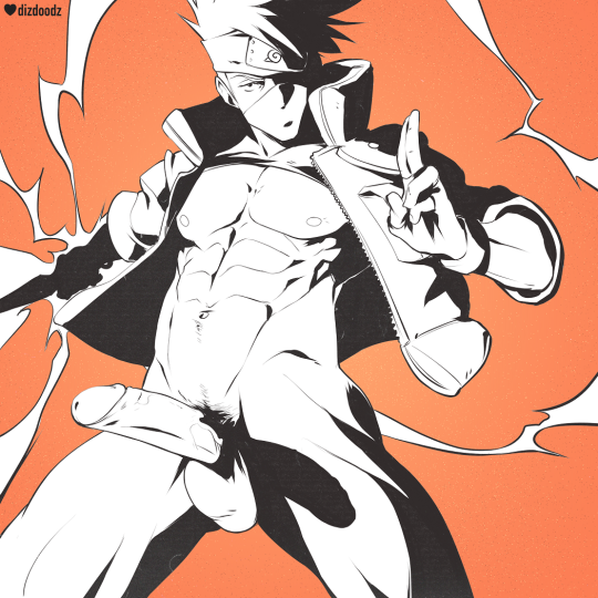 1boy, abs, artist name, balls, bara, dizdoodz, erection, hatake kakashi, heart, male, male only, monochrome, muscles, naruto, naruto (series), penis, solo, testicles, text, watermark, yaoi
