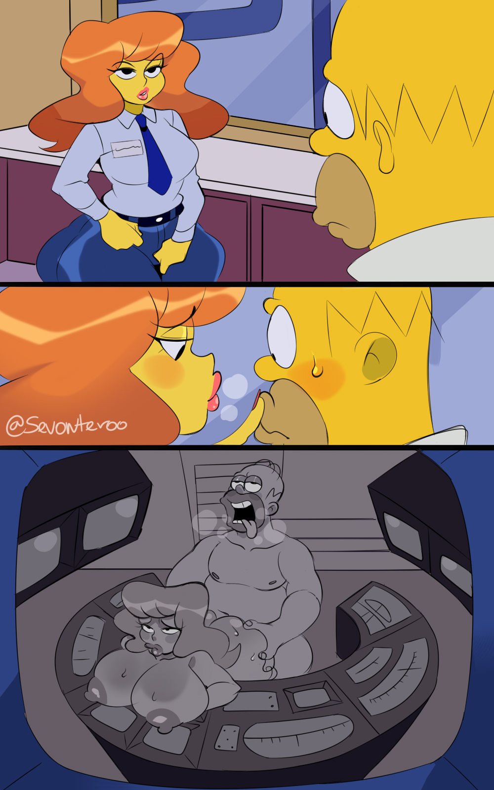 1boy, 1girls, 20th century fox, 20th century studios, artist name, ass grab, bald, bald male, belly, belt, big breasts, blue pants, camera, clothing, doggy style, duo, eyelashes, female, grabbing ass, hands on ass, homer simpson, human, human on human, human only, indoors, large breasts, lipstick, long hair, looking at another, male, male/female, mammal, mature, mature female, mature male, mindy simmons, necktie, nipples, nude, nude female, nude male, open mouth, orange hair, pants, sevonteroo, sex, shirt, straight, straight sex, the simpsons, tongue, tongue out, voluptuous, voluptuous female, yellow skin