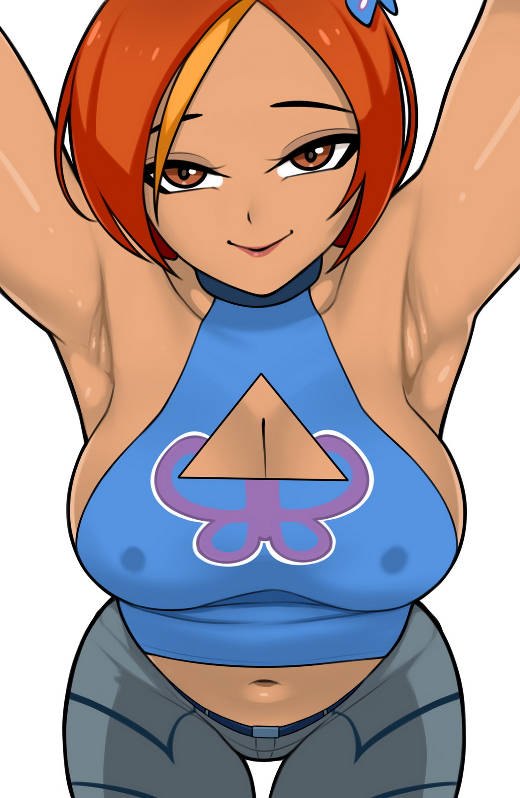 brown eyes, butterfly (planetronika), cleavage, cleavage window, female, looking at viewer, nipple bulge, planetronika, red hair, saberrung, solo