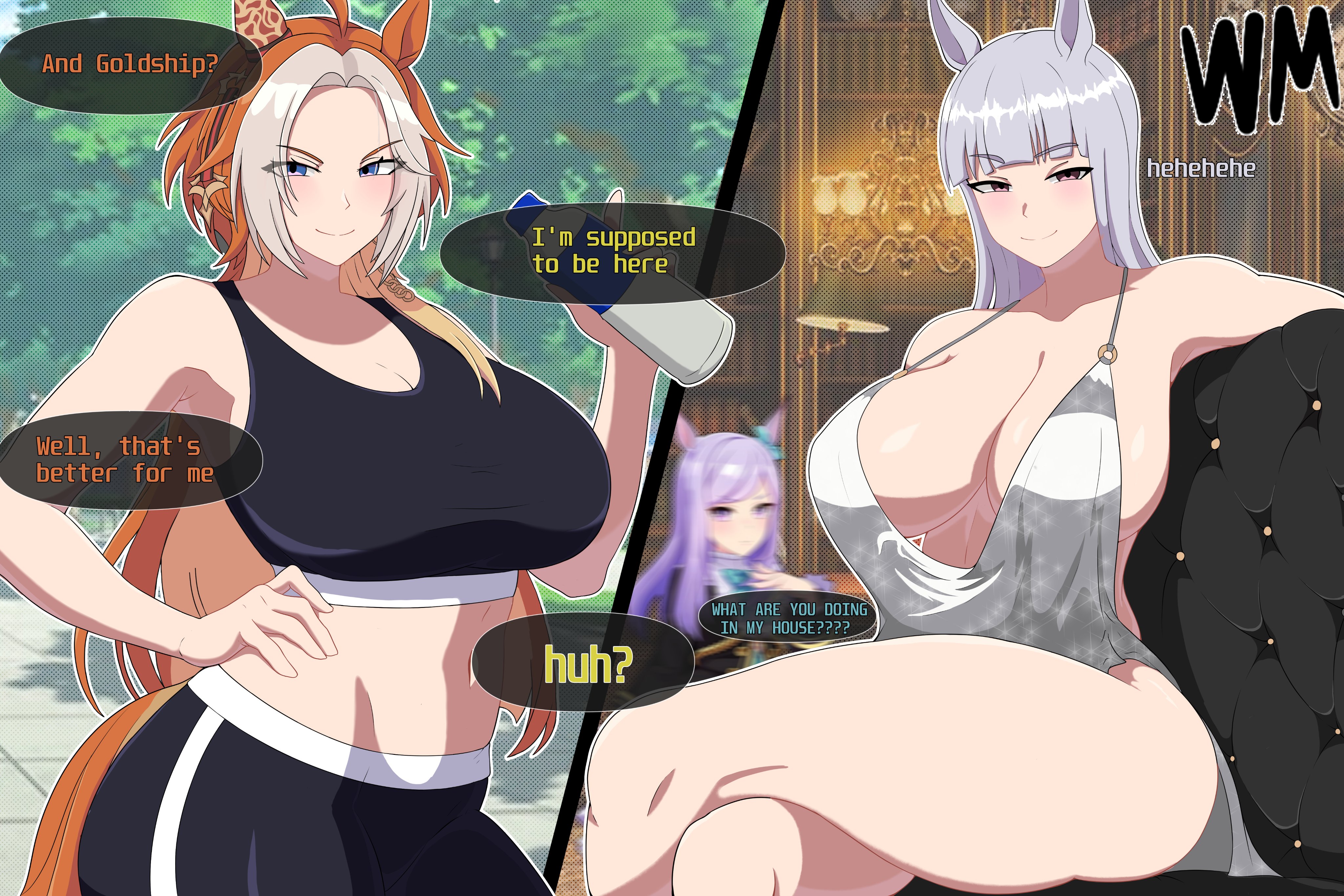 2girls, animal ears, artist request, big breasts, breasts, brown hair, cleavage, dress, female, gold ship (umamusume), gym clothes, horse girl, huge breasts, mejiro mcqueen (umamusume), orfevre (umamusume), tagme, tail, text, thick thighs, thighs, umamusume, umamusume pretty derby, white hair
