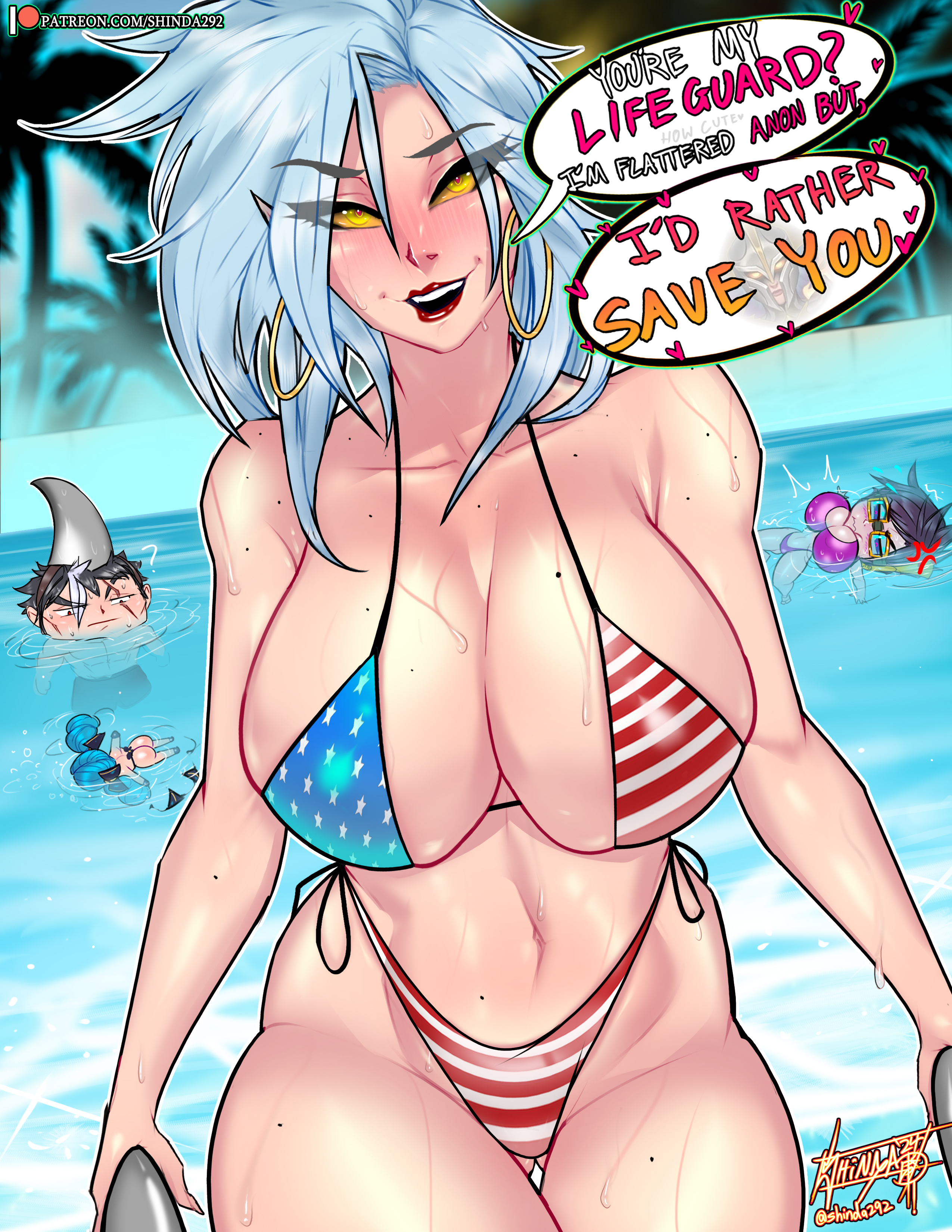 1boy, 3girls, american flag bikini, american flag print, angel, aspect host, background characters, barely contained, barely contained breasts, bikini, blush, breasts, breasts bigger than head, choker, darius (league of legends), female, female focus, fourth of july, glowing eyes, gwen (league of legends), hi res, highres, hoop earrings, hoop earrings oversized, huge breasts, kayle, league of legends, mole, mole on shoulder, mole on thigh, moles, moles on breasts, morgana, pool, pool party series, riot games, shinda292, swimming, swimming pool, thick thighs, white hair, yellow eyes