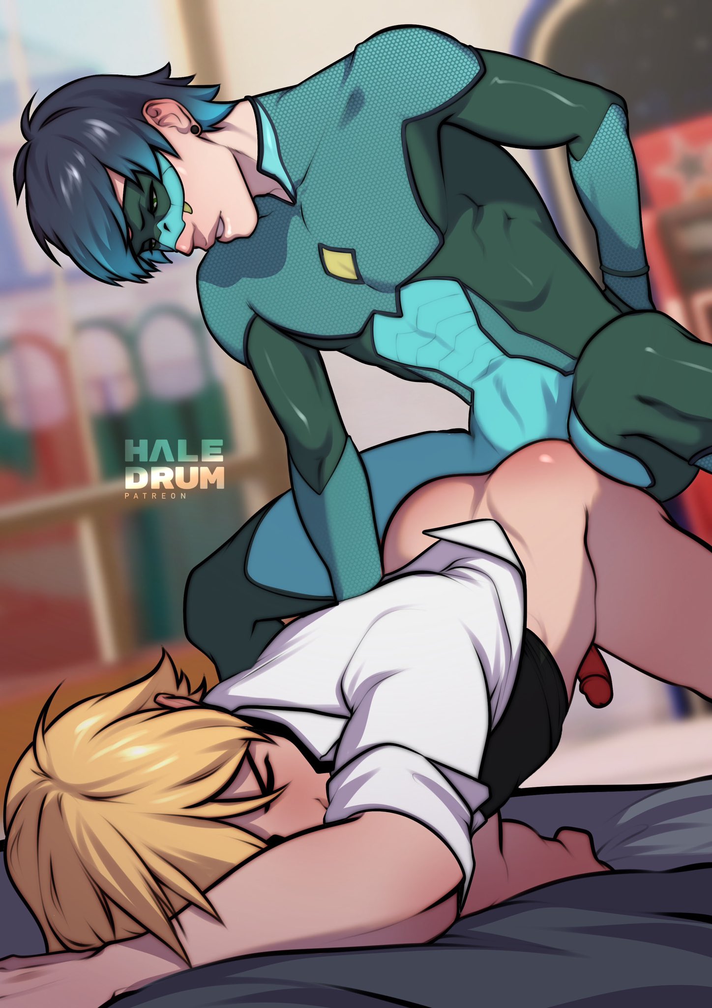 adrien agreste, anal, anal penetration, anal sex, closed eyes, clothed sex, gay, gay male, haledrum, luka couffaine, male, male only, male penetrated, male penetrating, male penetrating male, male/male, miraculous ladybug, on bed, viperion, yaoi