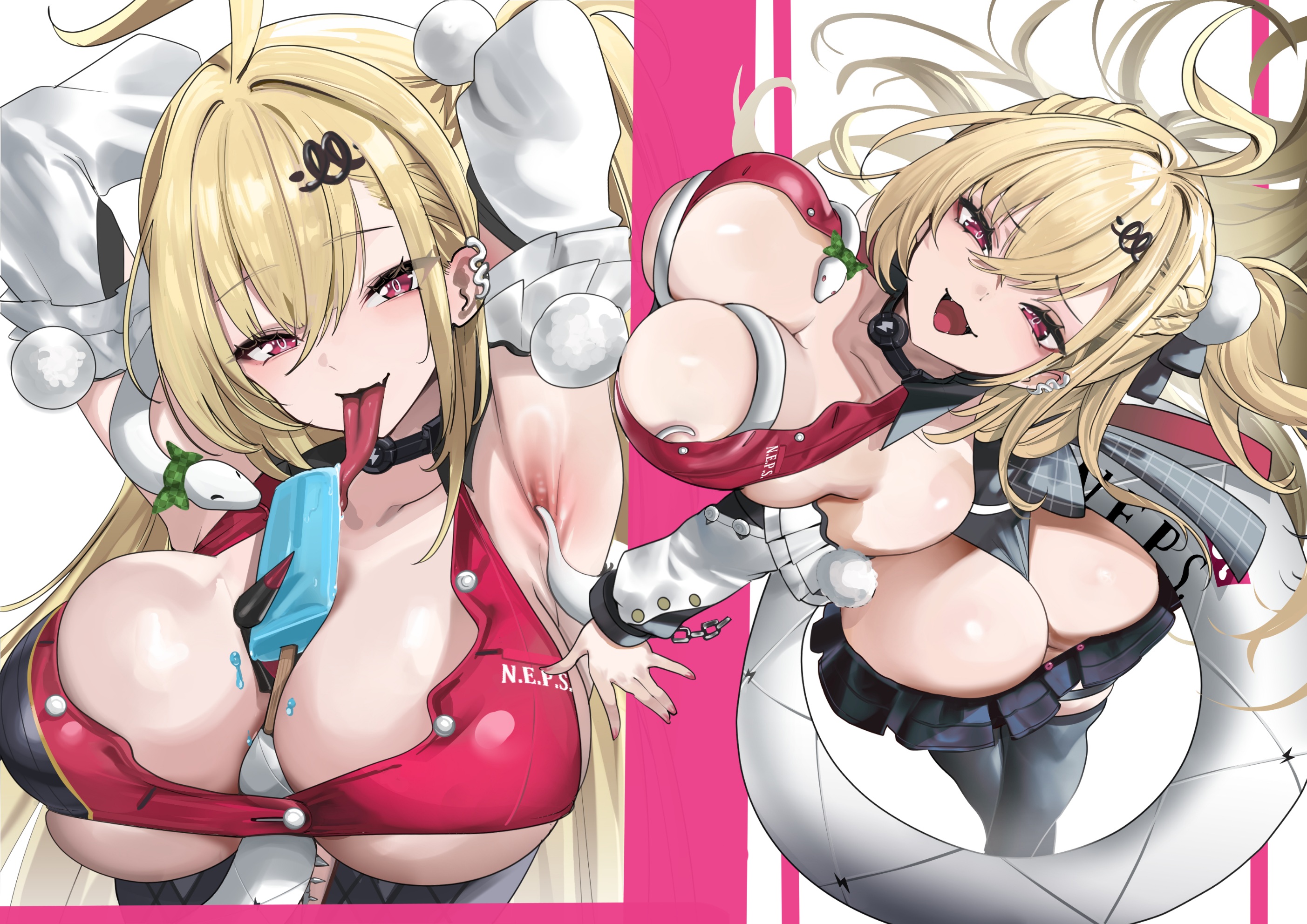 :3, ahoge, animal between breasts, armpits, arms up, ass, between breasts, big ass, big breasts, black skirt, black thighhighs, blonde hair, breasts, chalky (zenless zone zero), cissia (zenless zone zero), collarbone, colored nails, commentary request, detached sleeves, earrings, floating hair, food, food between breasts, hair between eyes, hair ornament, hair spread out, hairclip, highres, holding, holding with tail, jewelry, large breasts, licking, long hair, long tongue, metal wrist cuffs, miniskirt, multiple views, open mouth, painted nails, pink nails, pom pom (clothes), pom pom hair ornament, popsicle, prehensile tail, skirt, snake, snake earrings, snake girl, snake tail, tail, teddypocky, thighhighs, tongue, tongue out, white background, white snake, zenless zone zero