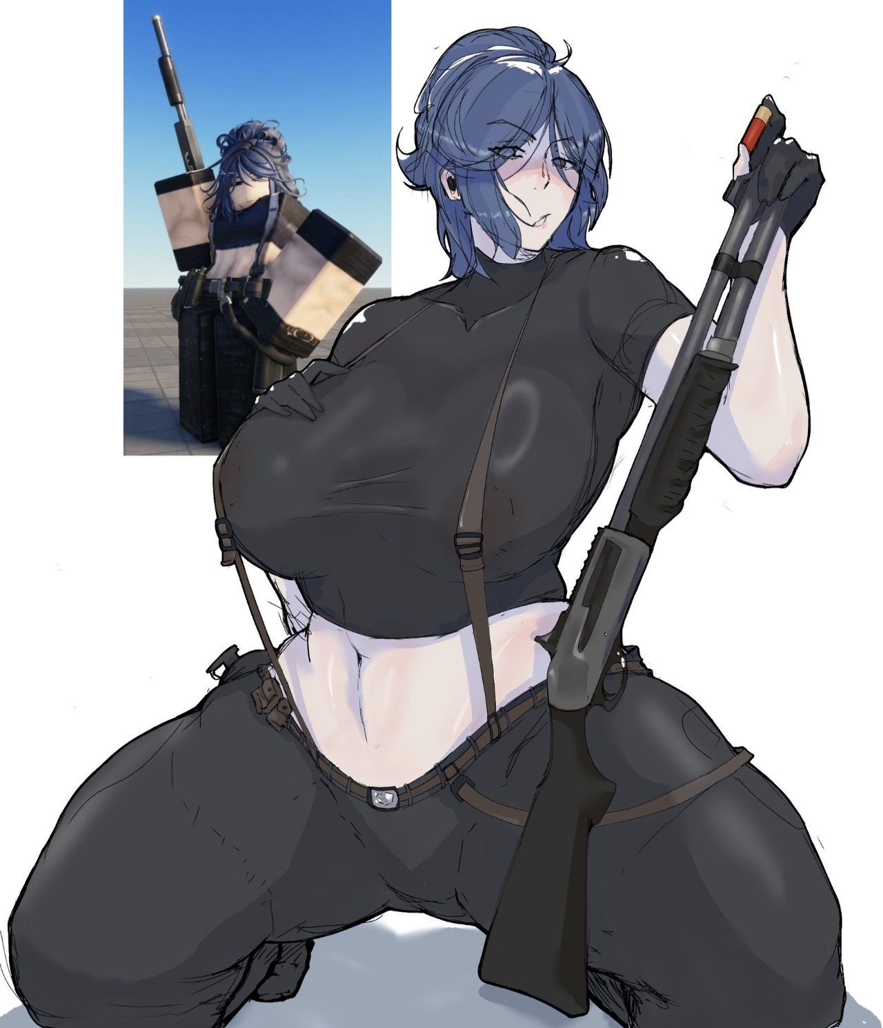 1girls, blue hair, clothing, female, gun, hand on breast, kneeling, large breasts, reference image, roblox, roblox avatar, robloxian, sharkgirlslover, shotgun, shotgun shell, straps across chest, stretched clothing, tagme, thick thighs