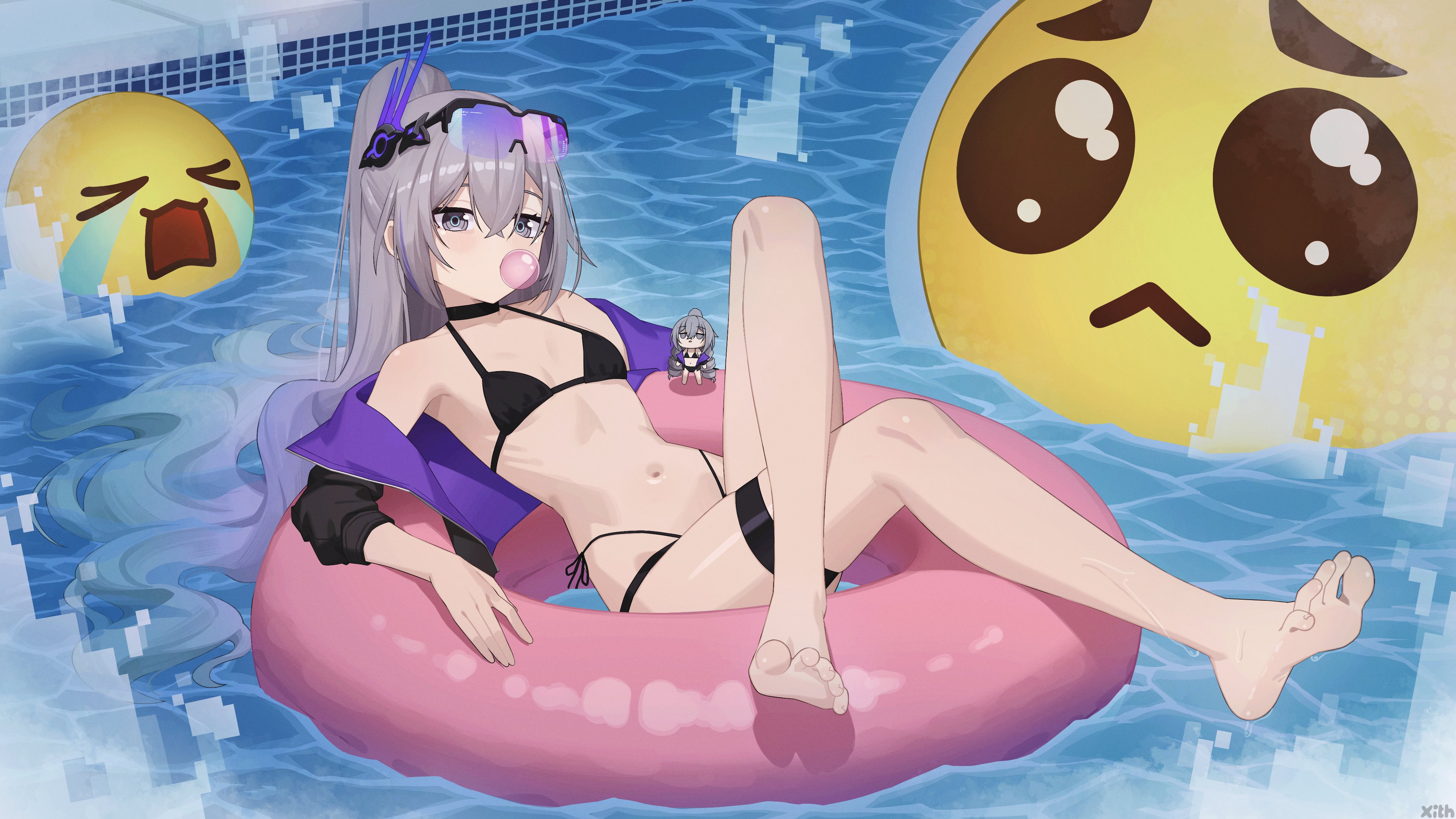 1girls, bubble gum, emoji, feet, food in mouth, honkai: star rail, innertube, lying on back, ribs, silver wolf (honkai: star rail), silver wolf (lv.999) (honkai: star rail), skinny, slender, small breasts, soles, toes, x xith x