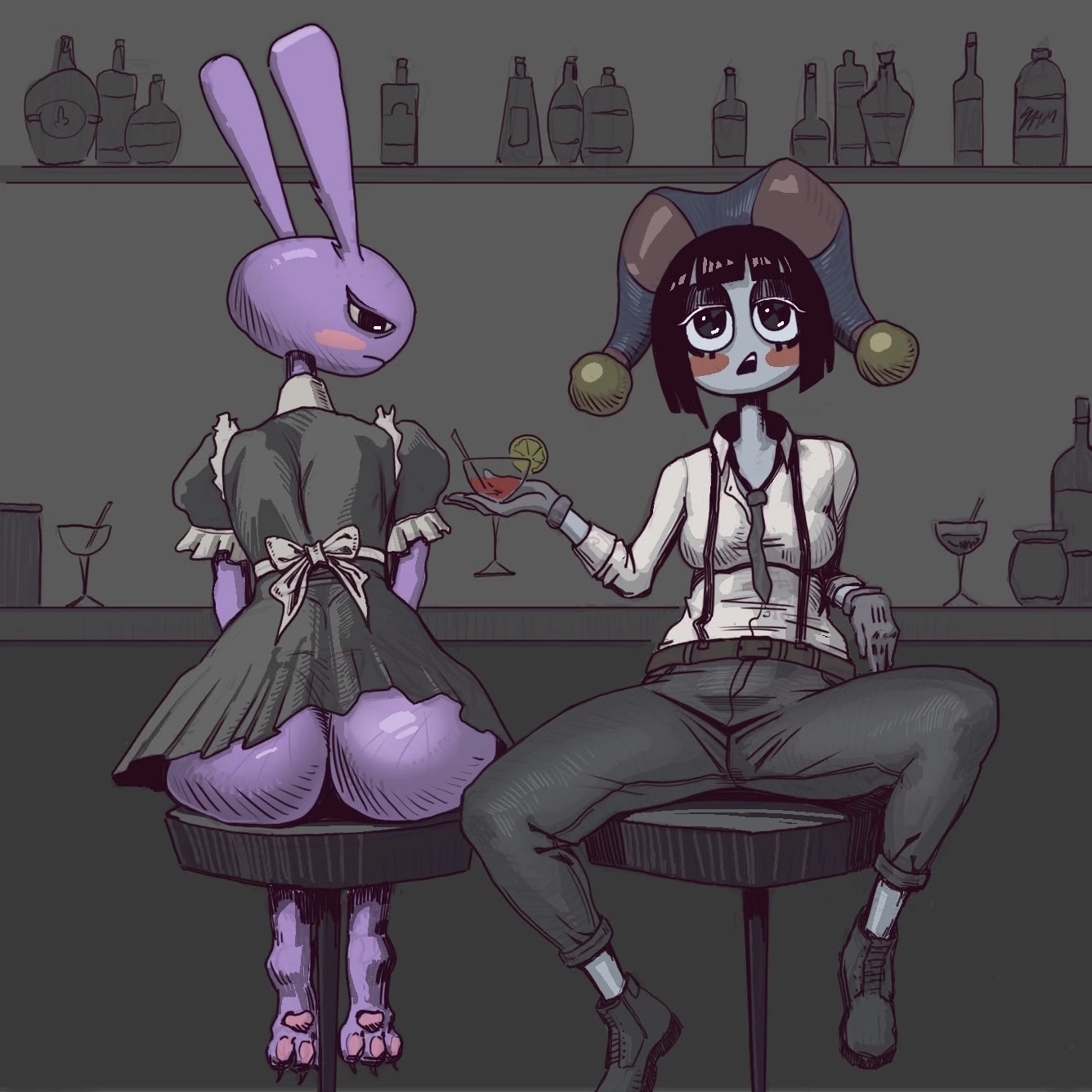 alcohol, alcoholic drink, ass focus, bar (place), big ass, dressed female, drinking, erotic, femboy, femboy on female, furry, jax (tadc), jax (the amazing digital circus), maid, manspreading, pomni, pomni (tadc), pomni (the amazing digital circus), public nudity, purple body, purple skin, rabbit, sitting, tavern, tenebris art, the amazing digital circus