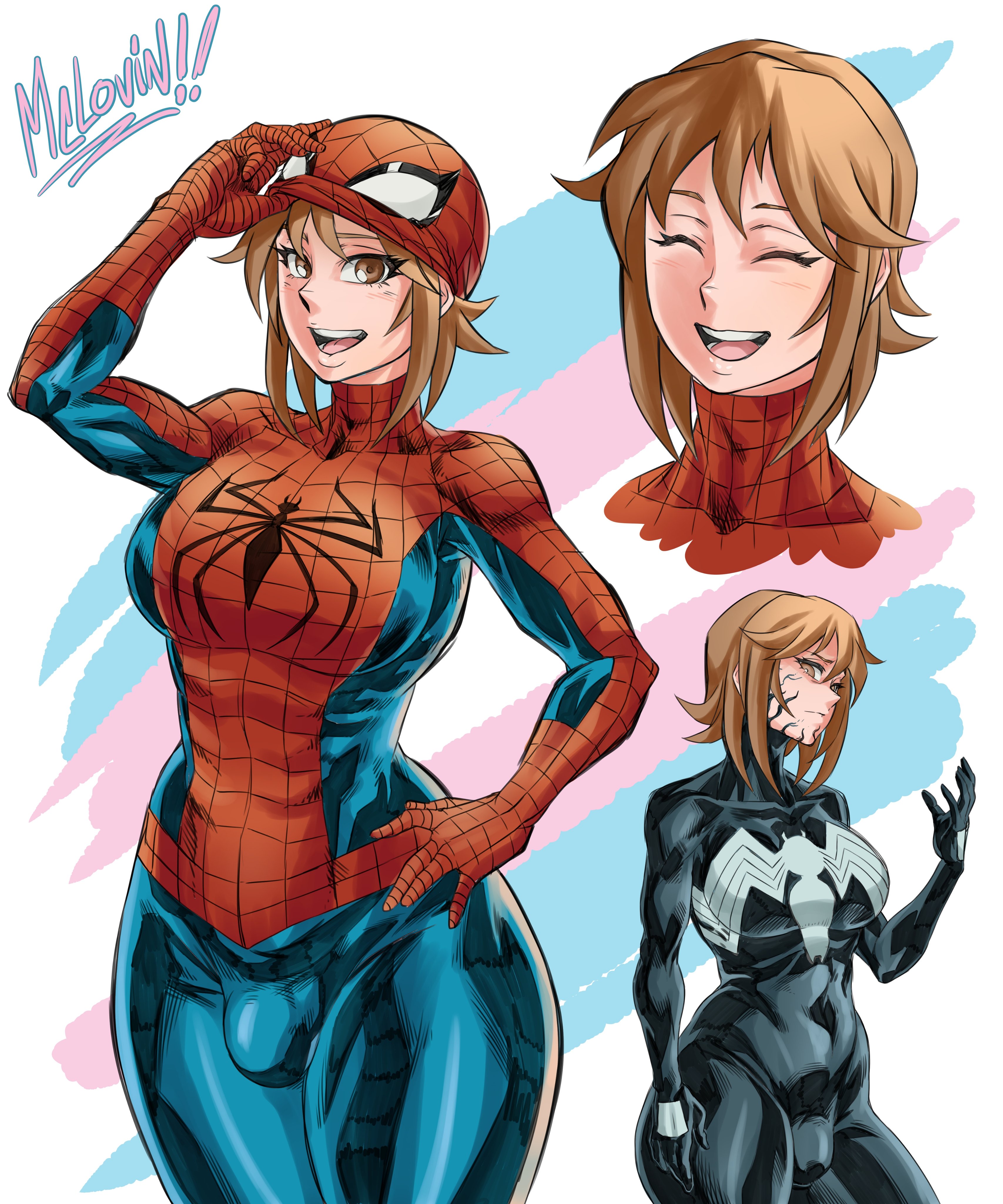 1girls, big breasts, bodysuit, breasts, brown eyes, brown hair, bulge, female, female focus, female only, hand on hip, marvel, marvel comics, mclovinart1, non-sexual, penis bulge, petra parker, smile, solo, solo female, solo focus, spider-man (series), spider-woman, superheroine, symbiote, symbiote suit, thick, thick thighs, trans woman, unmasked