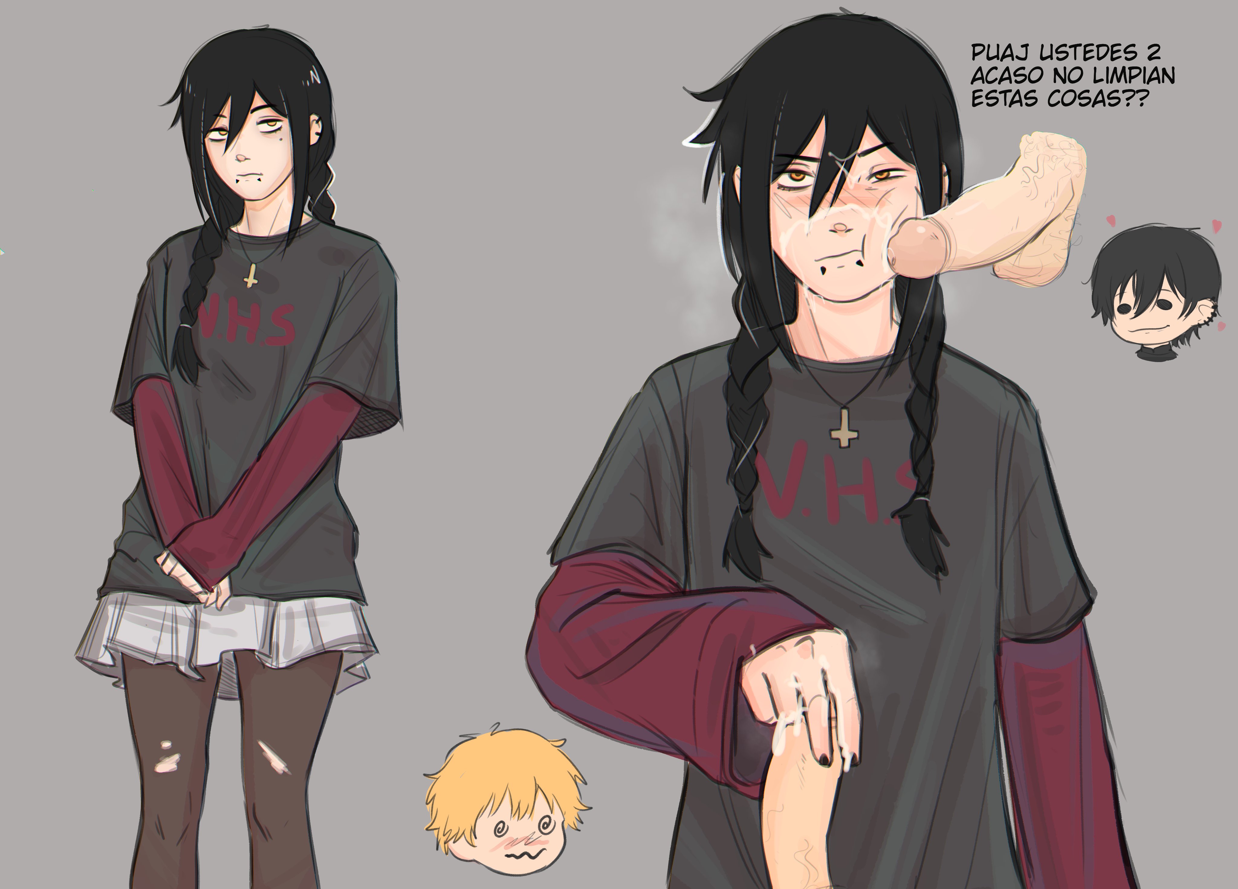 1girl, 2 penises, 2boys, 2d, 2d (artwork), balls, black hair, black-haired female, blank background, blushing, braided hair, chainsaw man, cross necklace, cum, cum on face, cum on hair, cum on hand, denji (chainsaw man), disembodied penis, facial, gray background, hand on penis, handjob, hirofumi yoshida, nayuta (chainsaw man), necklace, pantyhose, penis, pigtails, ripped pantyhose, spanish, spanish text, straight, text, zero dead zone