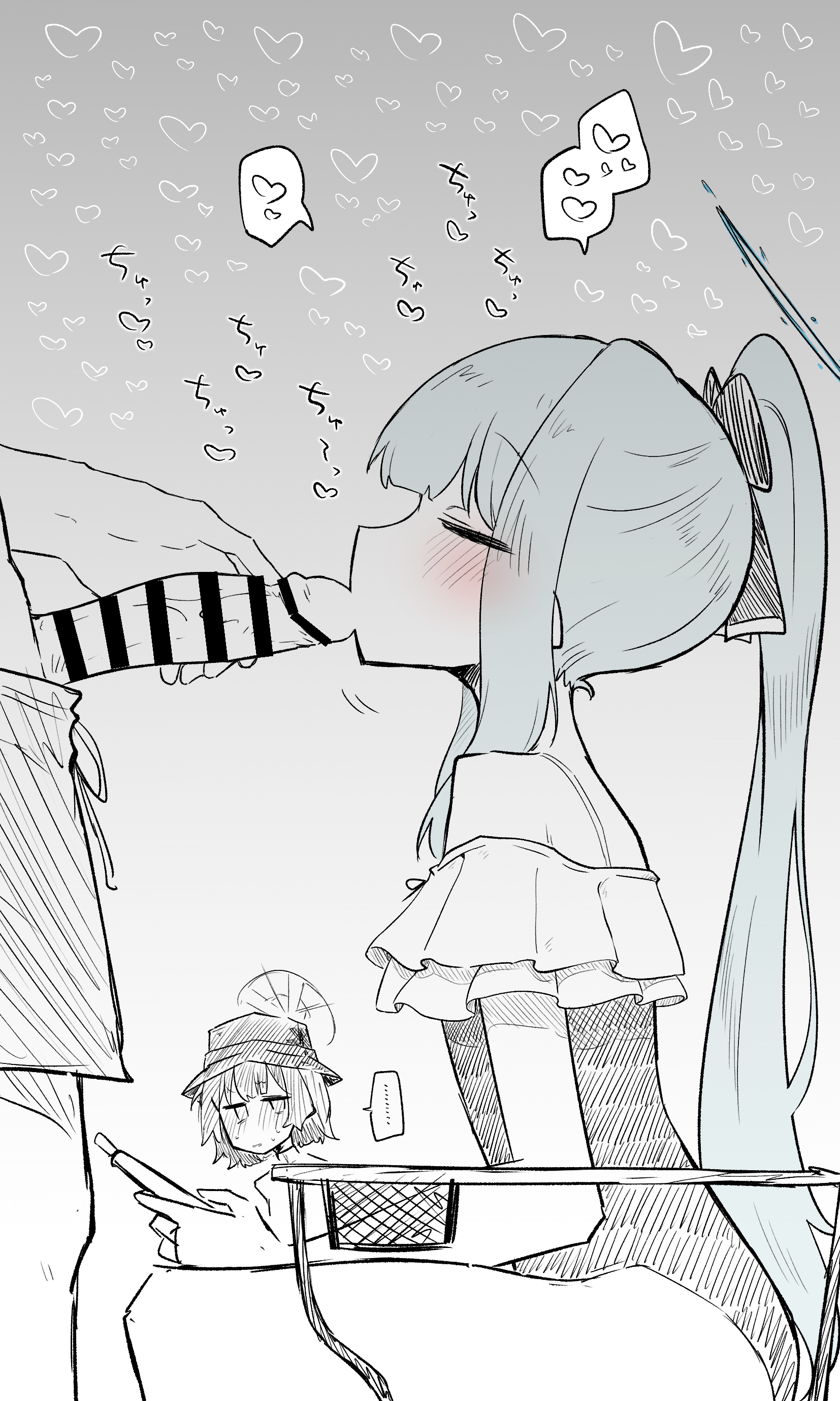1boy, 1girls, blowjob, blue archive, blush, fellatio, female, halo, ki no nekko, male, miyako (blue archive), miyako (swimsuit) (blue archive), oral, penis, saki (blue archive), srt special academy student