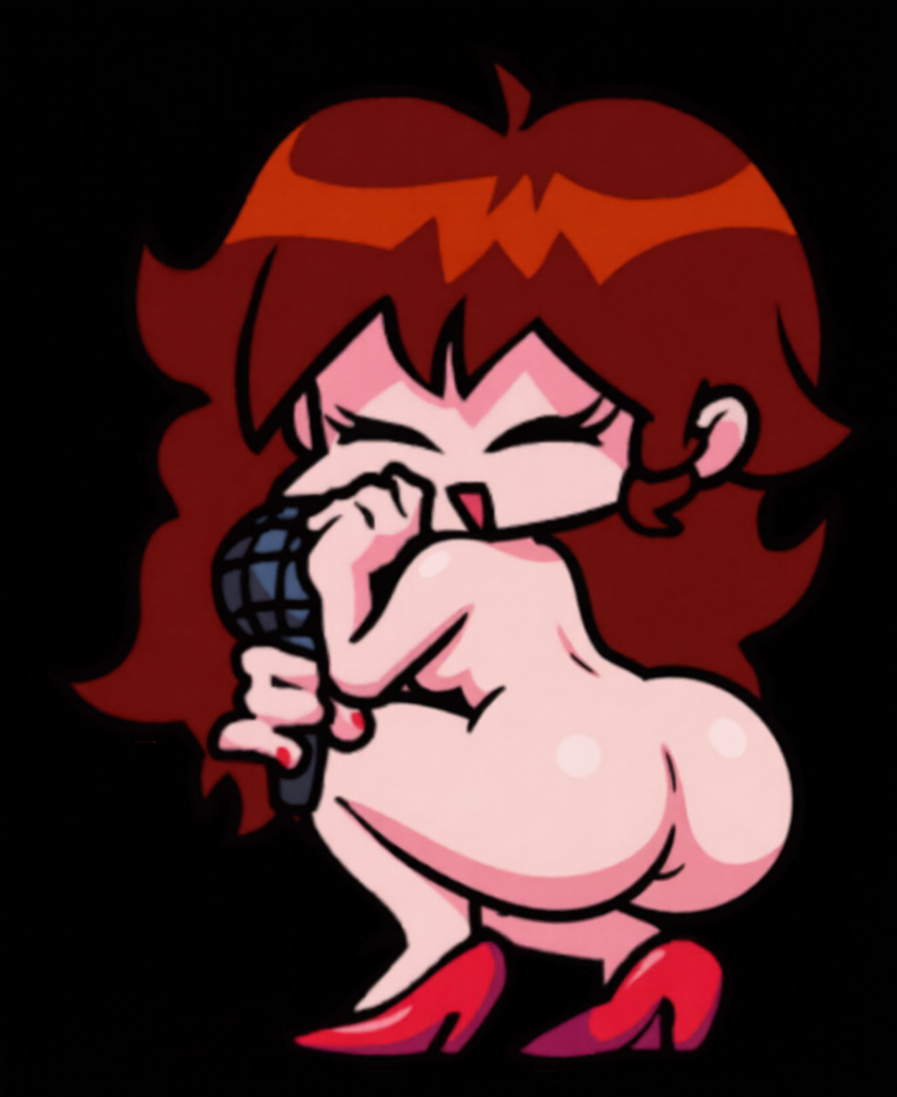 ass, ass focus, auburn hair, back, bare back, bare legs, bent, bent legs, bent over, chibi, fat ass, friday night funkin, from behind, girlfriend (friday night funkin), huge ass, legs, long hair, microphone, plump ass, red heels, red high heels, round ass, sexy ass, sideboob, smile, sniffable ass, teenage, teenage girl, teenager