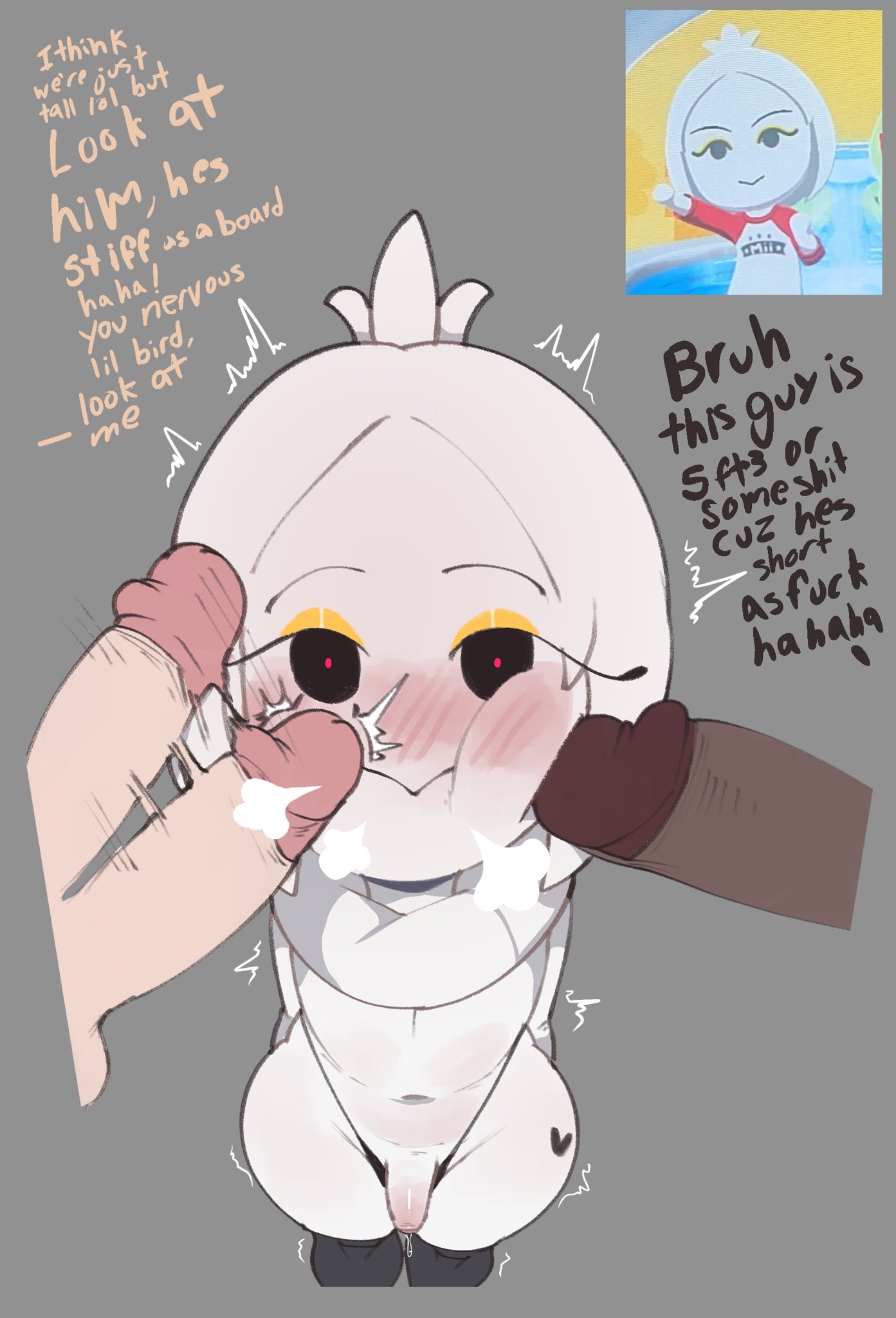 3boys, blush, burd (meweeze), embarrassed, femboy, gay, girly, looking up, male, male only, meweeze, mii, nintendo, penis, thick thighs, tomodachi life, tomodachi life: living the dream