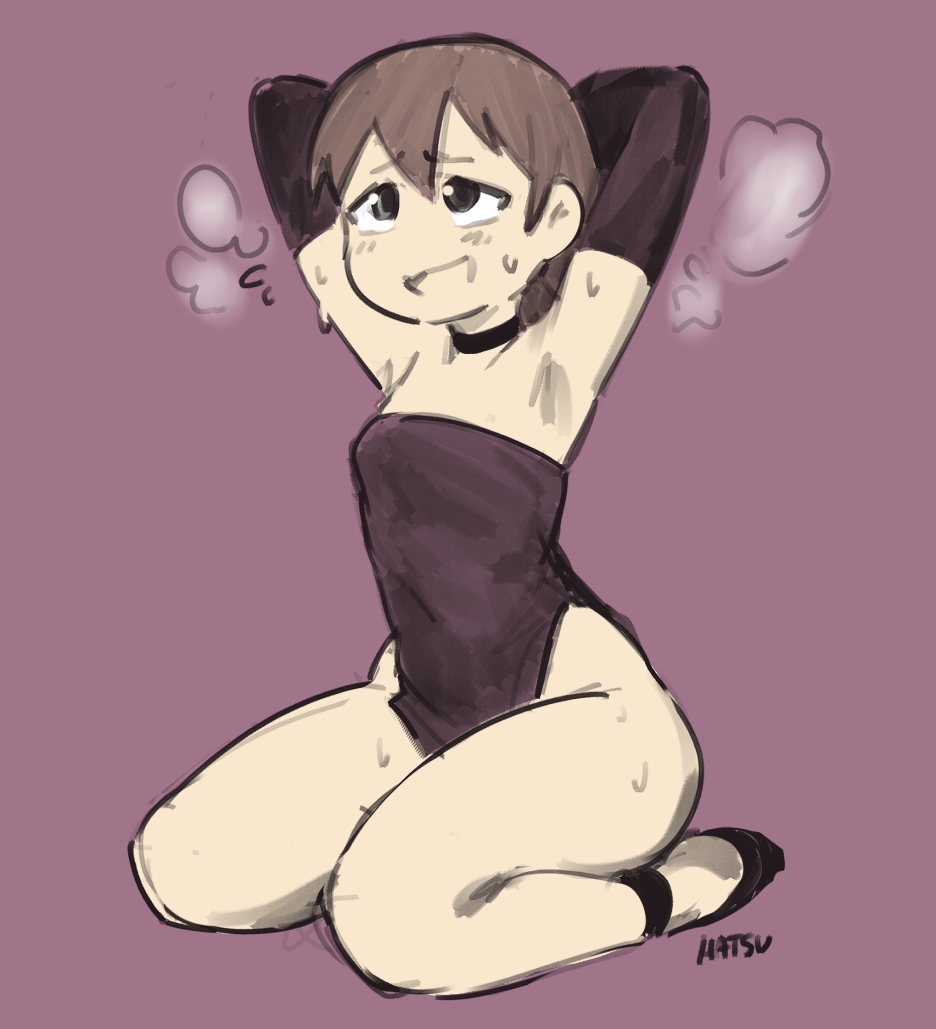 1girls, aioi yuuko, armpit, armpit fetish, armpits, arms up, clothed, erotic, erotic costume, ghastlypann, hands behind head, hatsumiilkshake, kneeling, kneeling female, kneeling on ground, nichijou, showing armpits, smiling, solo, steam, sweat, teenager, variant, variant set