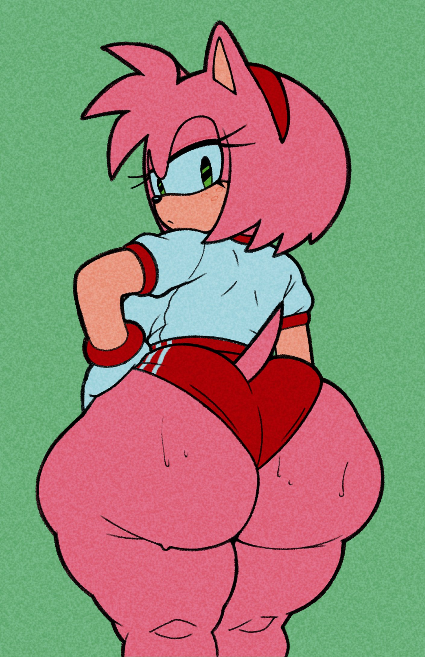 1girls, amy rose, anthro, ass, big ass, bottom heavy, breasts, bubble butt, buruma, champchidi, fat ass, female, female only, female solo, furry, furry only, gluteal fold, hand on hip, huge ass, large ass, looking at viewer, looking back, massive ass, shirt, shorts, solo, sonic (series), sonic the hedgehog (series), sweat, sweatdrop, sweaty ass, tail, thick ass, thick thighs, thunder thighs, wide hips