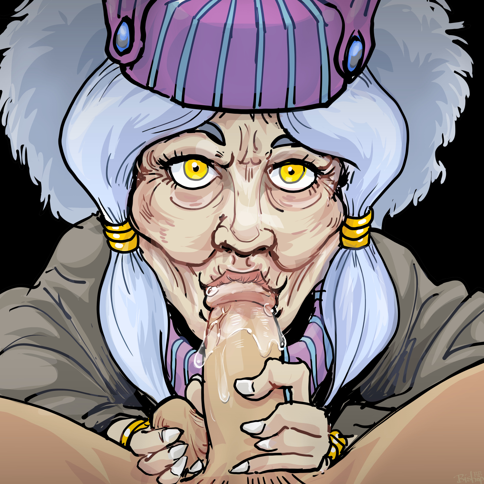 1boy, 1girls, balls, bishopbb, caressing balls, caressing testicles, clothed, clothed female nude male, enya geil, fellatio, female, hair, human, jojo's bizarre adventure, looking at viewer, male, nightmare fuel, nude, old, older female, oral, penis, pov, saliva, solo focus, stardust crusaders, tagme, testicles, toned, white hair, wrinkles, yellow eyes