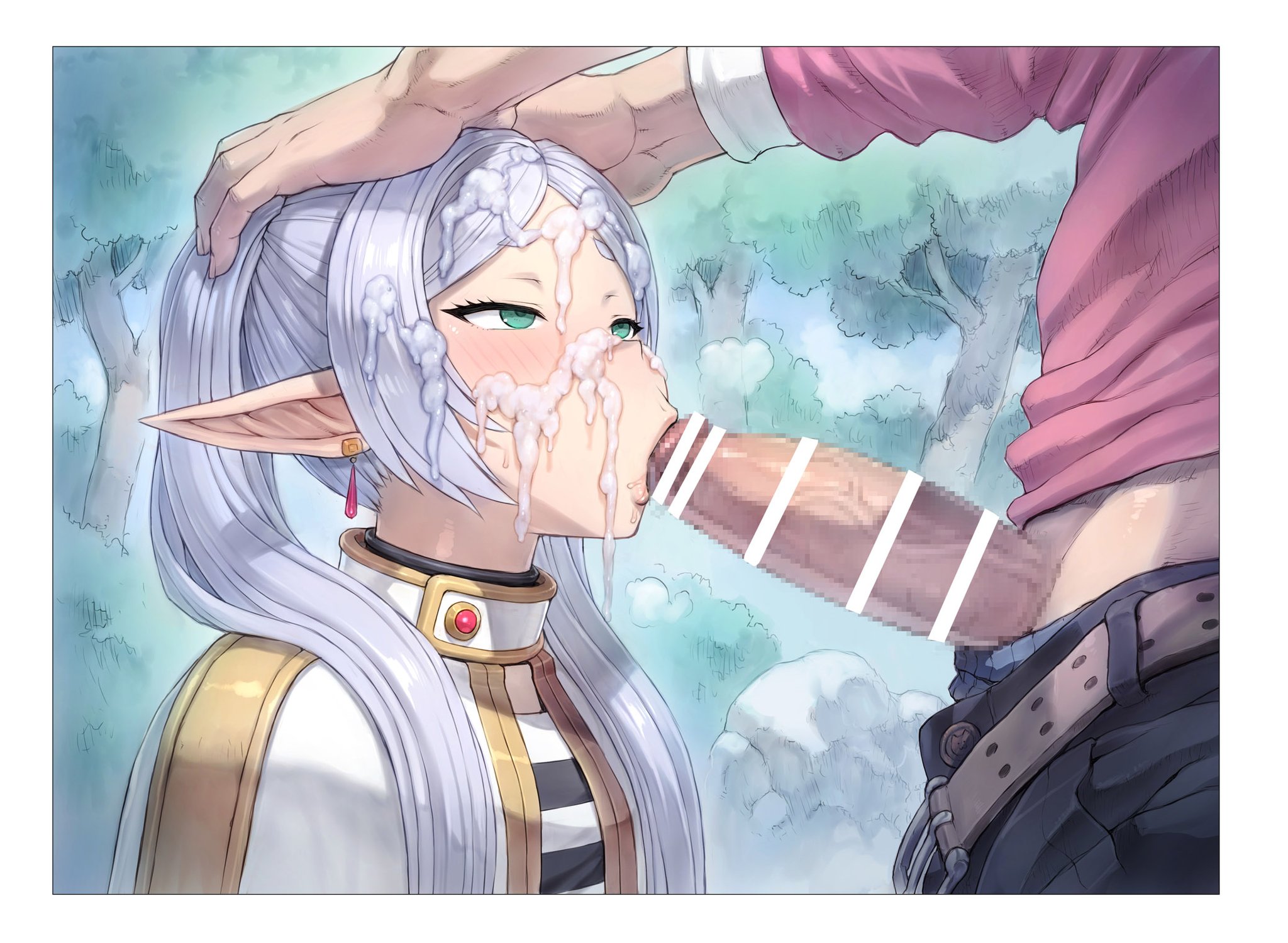 1boy, 1girls, cum on face, elf, fellatio, frieren, frieren beyond journey's end, mogudan, white hair, white skin