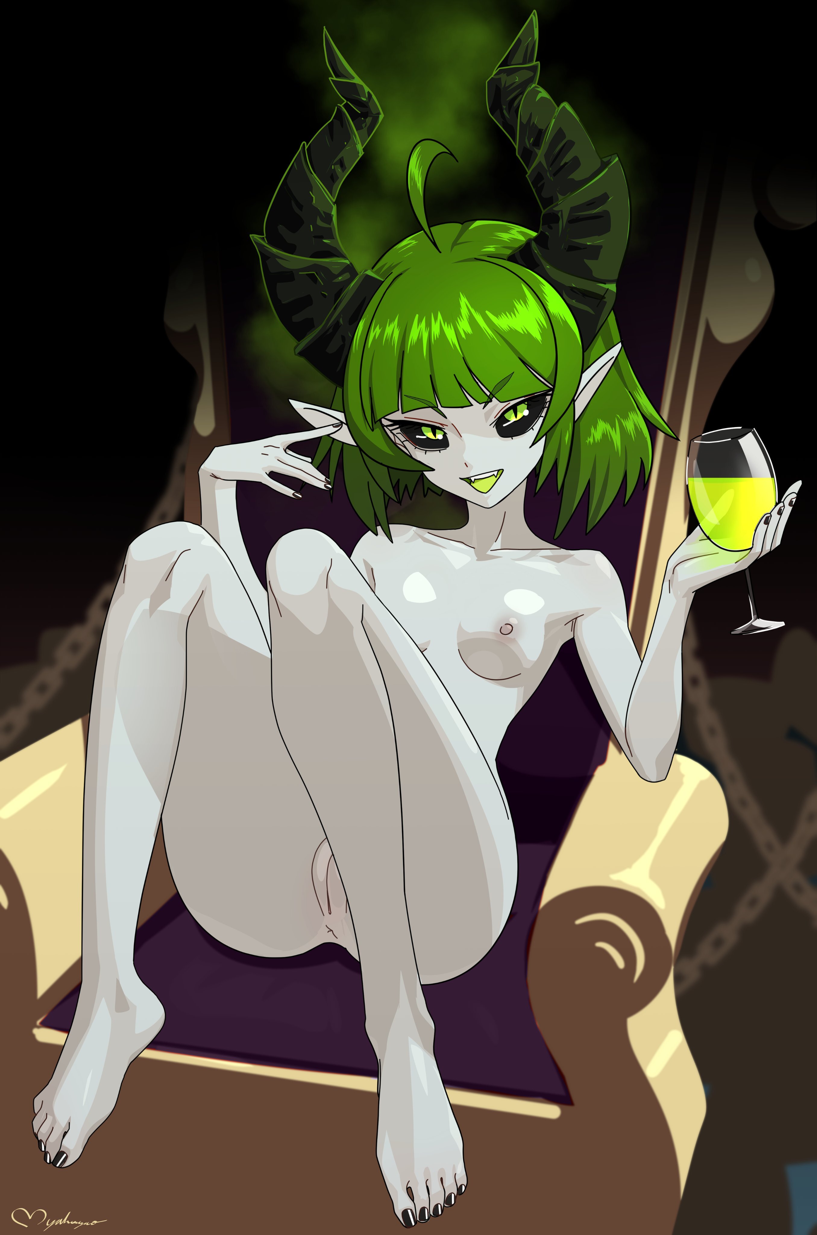 1girls, anus, breasts, dota, dota 2, female, full body, fully nude, goblet, green eyes, green hair, holding object, horns, myahogao, pale skin, pugna (oblivion), pugna (pugna's quest), pussy, sitting, skinny, small breasts, smiling, smiling at viewer